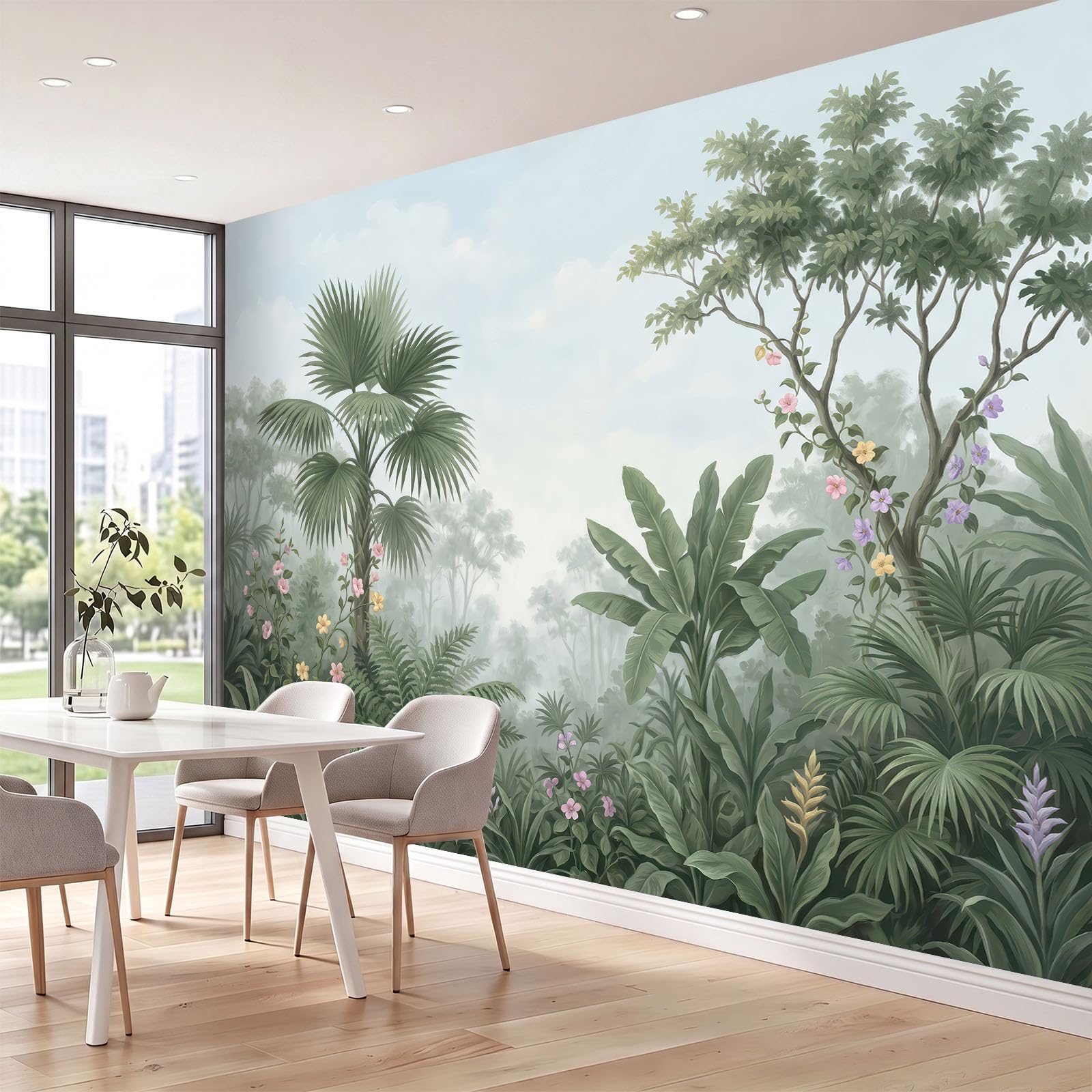 Natur Tropischer Stil Fototapete Vliestapete, 400 x 280 cm Tapete Panorama, Tropischer Dschungel Palmblätter Bananenblätter Ranken Tapeten Wanddeko für Wohnzimmer Flur, Dunkelgrün Nicht Selbstklebend