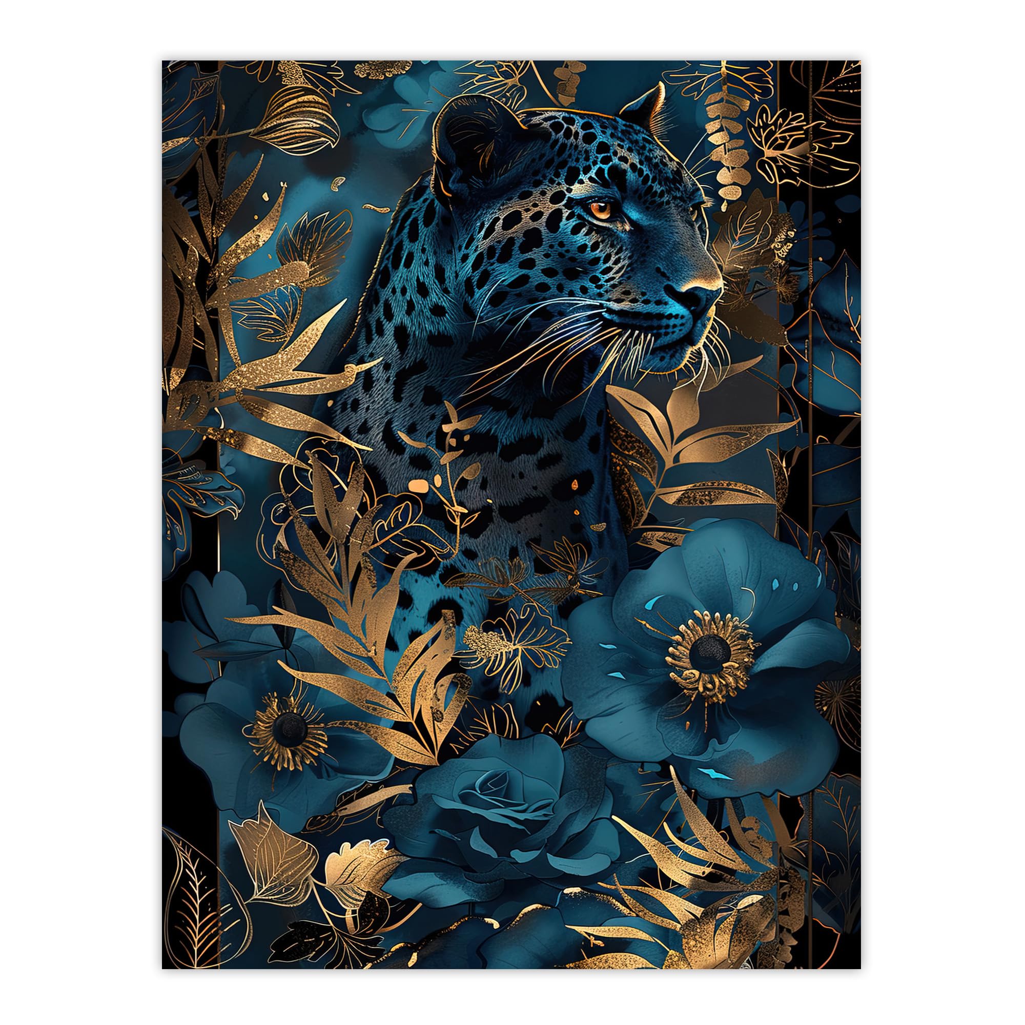 Artery8 Elegant Cheetah With Blue Gold Jungle Flowers Living Room Large Wall Art Poster Print Thick Paper 18X24 Inch