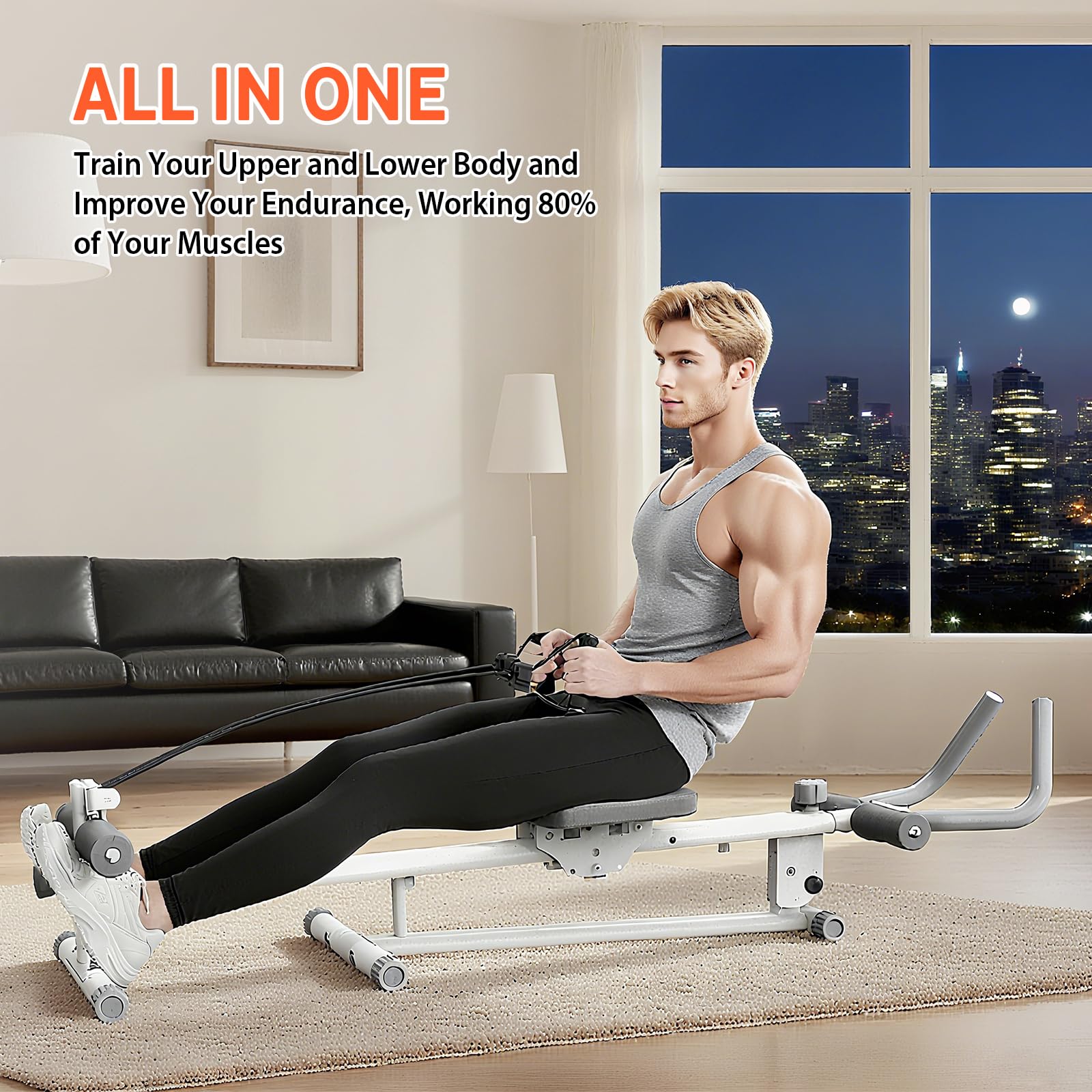 Rudergerät für Zuhause, 4-in-1-Übungsausrüstung, Klappbar Rudermaschine | Beinpressmaschine/Ab Glider Machine/Roman Chair,Indoor-Gerät für das Home-Gym,Multifunktionaler Rückenlehne,120kg Belastbar