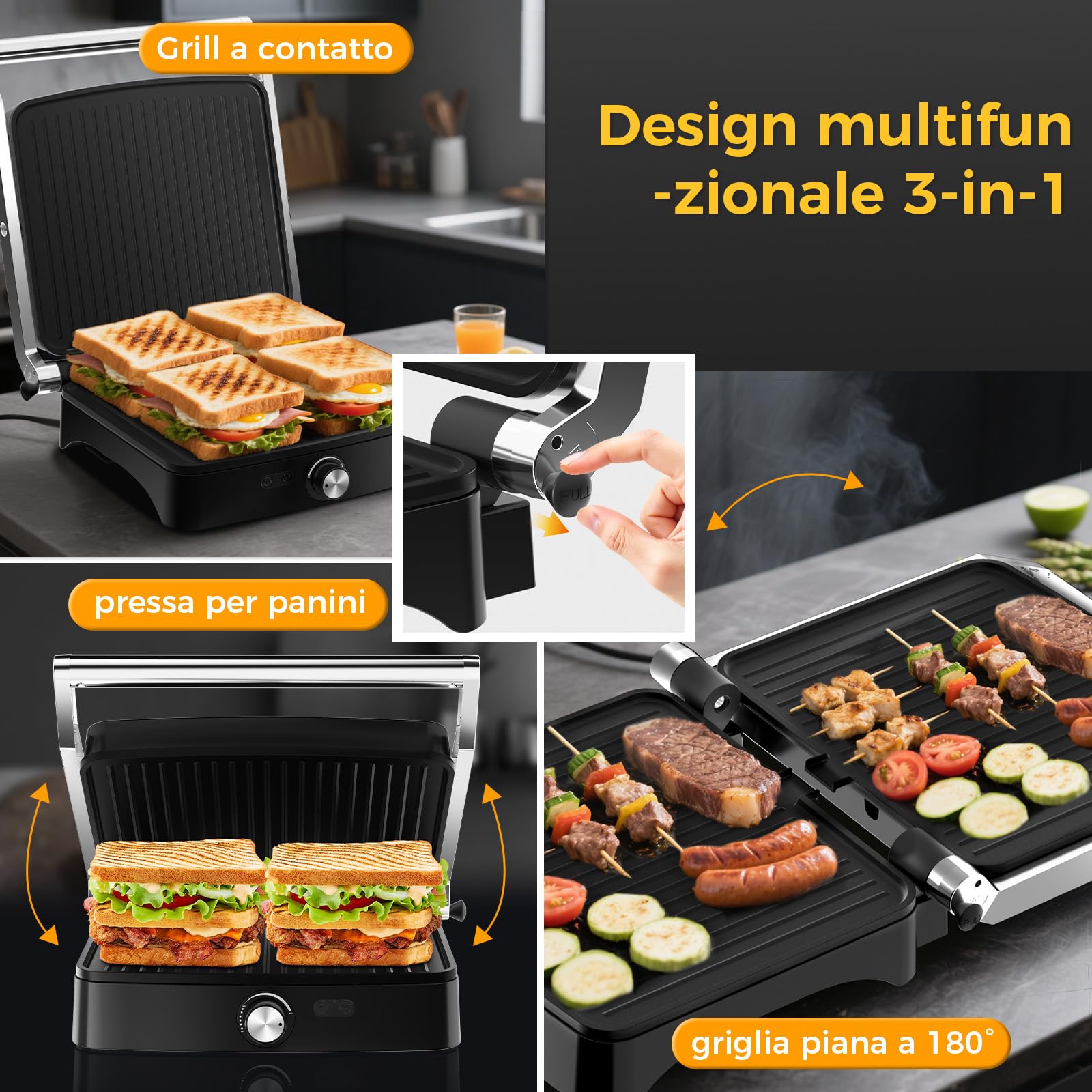 YASHE Piastra Panini 2000W, Tostiera 4 Fette, Griglia Elettrica Apribile 180°, Temperatura Regolabile, Piastre Antiaderenti Non Removibili, Manico Termoisolato
