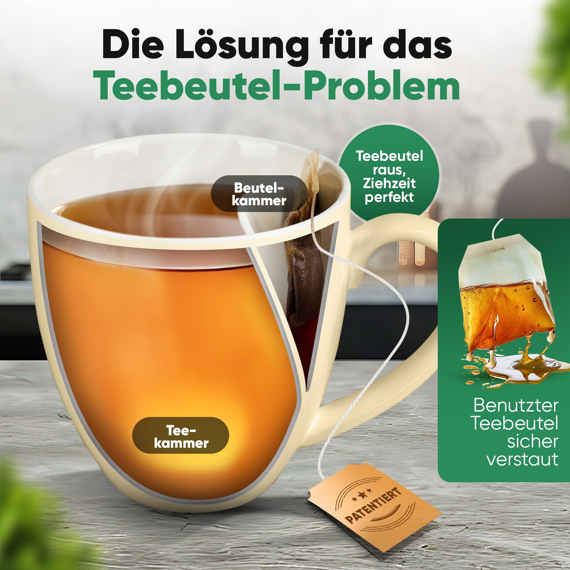 Neighbour's Friend Patentierte Teetasse beige mit Beutelablage I Keramik Tasse groß 325ml I Teebecher Steingut I Keramiktasse für Tee I Spülmaschinengeeignet Teetassen I Modernes Design für Teetrinker