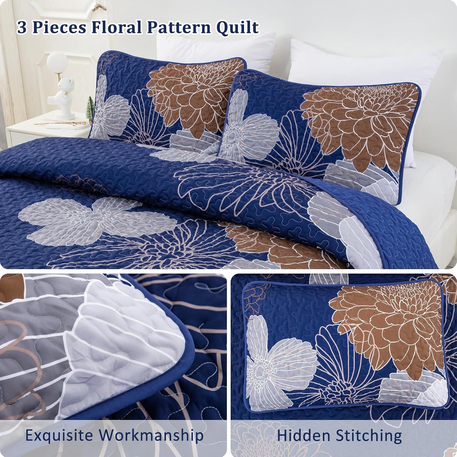 Anibedding Floral Bedspread Quilt Set Queen 3 Pieces-Navy Blue Bohemian Floral Quilt Coverlet Set Soft Microfiber Lightweight Quilted Bedspread with Pillow Shams for All Season 96"x90" - Image 4