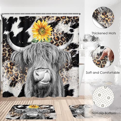 Miniatura 4 de Juego de 4 cortinas de ducha, diseño de vaca de las tierras altas, diseño de girasol, impermeable, con alfombras antideslizantes, cubierta para tapa