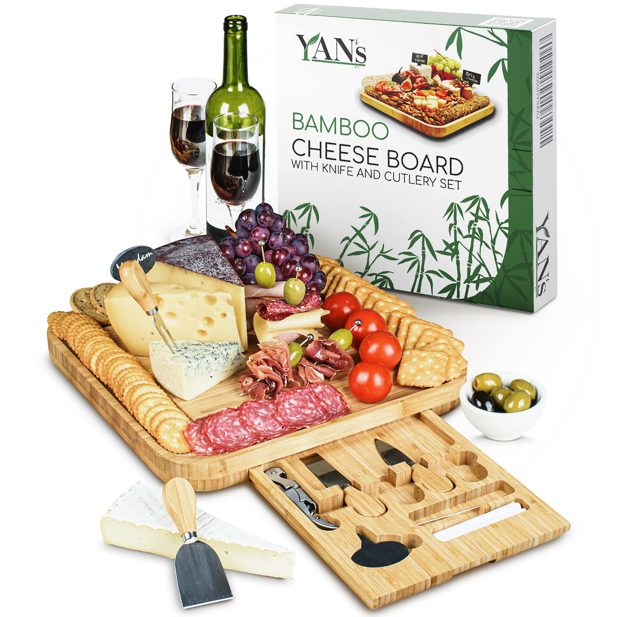 YAN's Bamboo Cheese Board and Knife Set - Large Charcuterie Boards - Premium Cheese Platter and Bamboo Charcuterie Board Set for Mother's Day, Wedding, Christmas, Housewarming, Bridal Shower