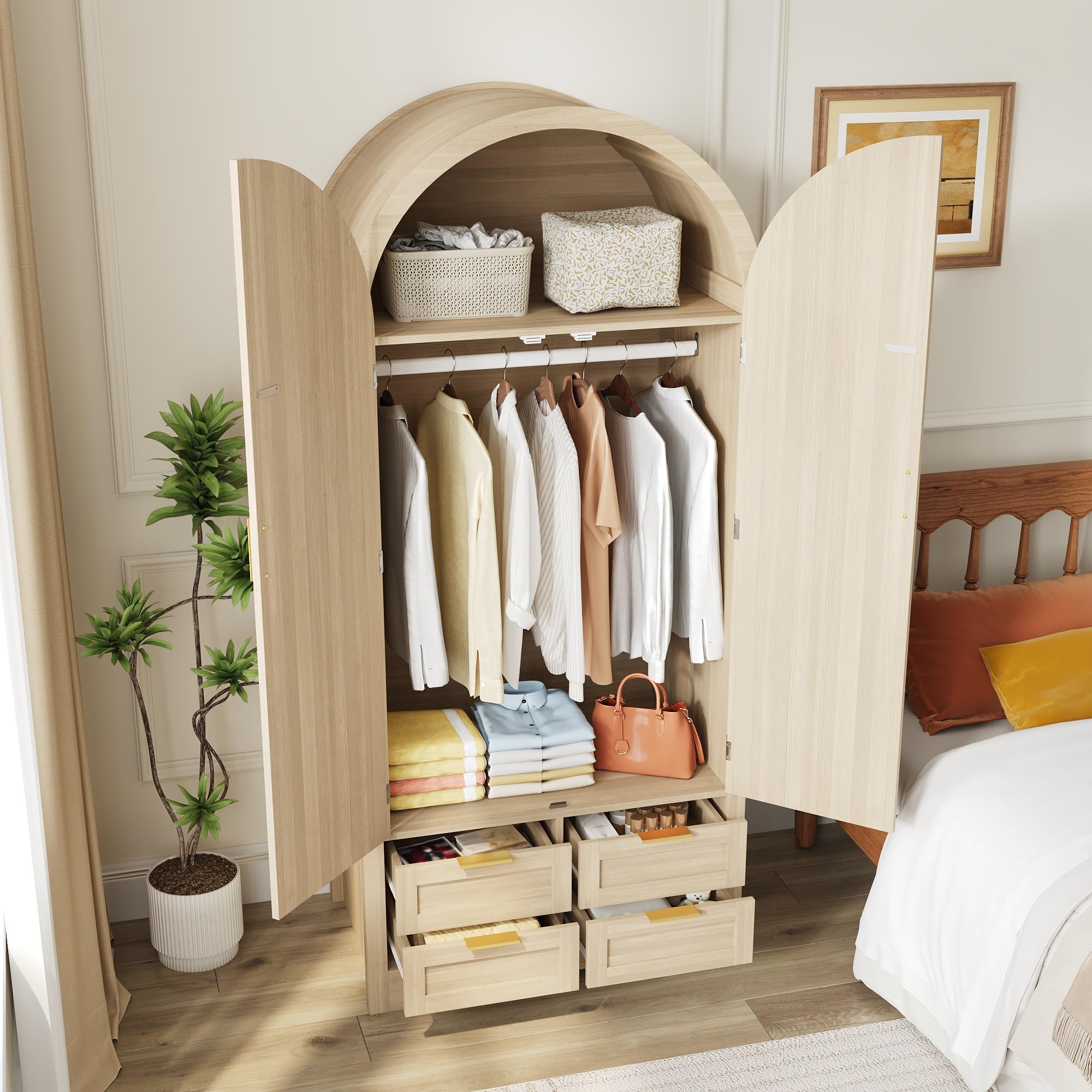 Lexiou Armario Moderno con Puertas Curvas, Amplio Espacio de Almacenamiento, Barra para Colgar Ropa y cajones, Armario de Lujo, Adecuado para dormitorios y recibidores (Roble, 80 x50 x 179 cm)
