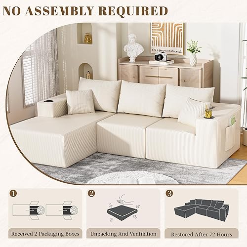 Miniatura 9 de Sofá modular Cloud de 107 pulgadas, sofá modular con diván en forma de L, sofá de pana sin hueso con asiento profundo, sofá tapizado para sala de