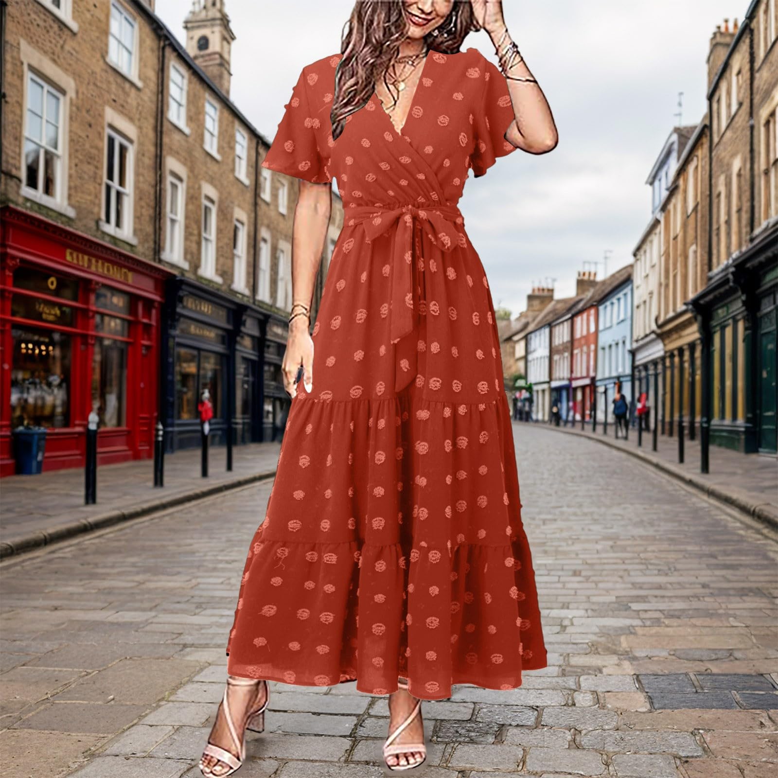 Robe longue bohème à pois pour femme, col en V, flutte, manches courtes, couleur unie, ceinture à nouer, ligne trapèze, robe longue