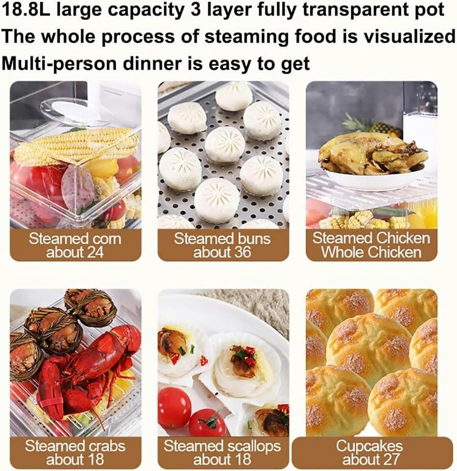 Wzglod Electric 3 Tier Food Steamer, 1500W Vegetable Meat Steamer with 60 Minute Timer & BPA Free Removable Baskets, 18.8L Capacity for Veg Meat Fish Rice