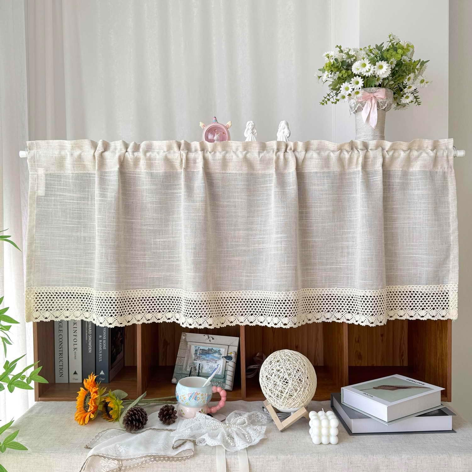 Rustic Linen Curtain Valance for Kitchen 20 Inches Long Lace Curtains for Small Window Farmhouse Short Curtains for Coffee Decor Rod Pocket Beige Curtain Tiers for Bathroom 1 Panel W39 X L20 Inch