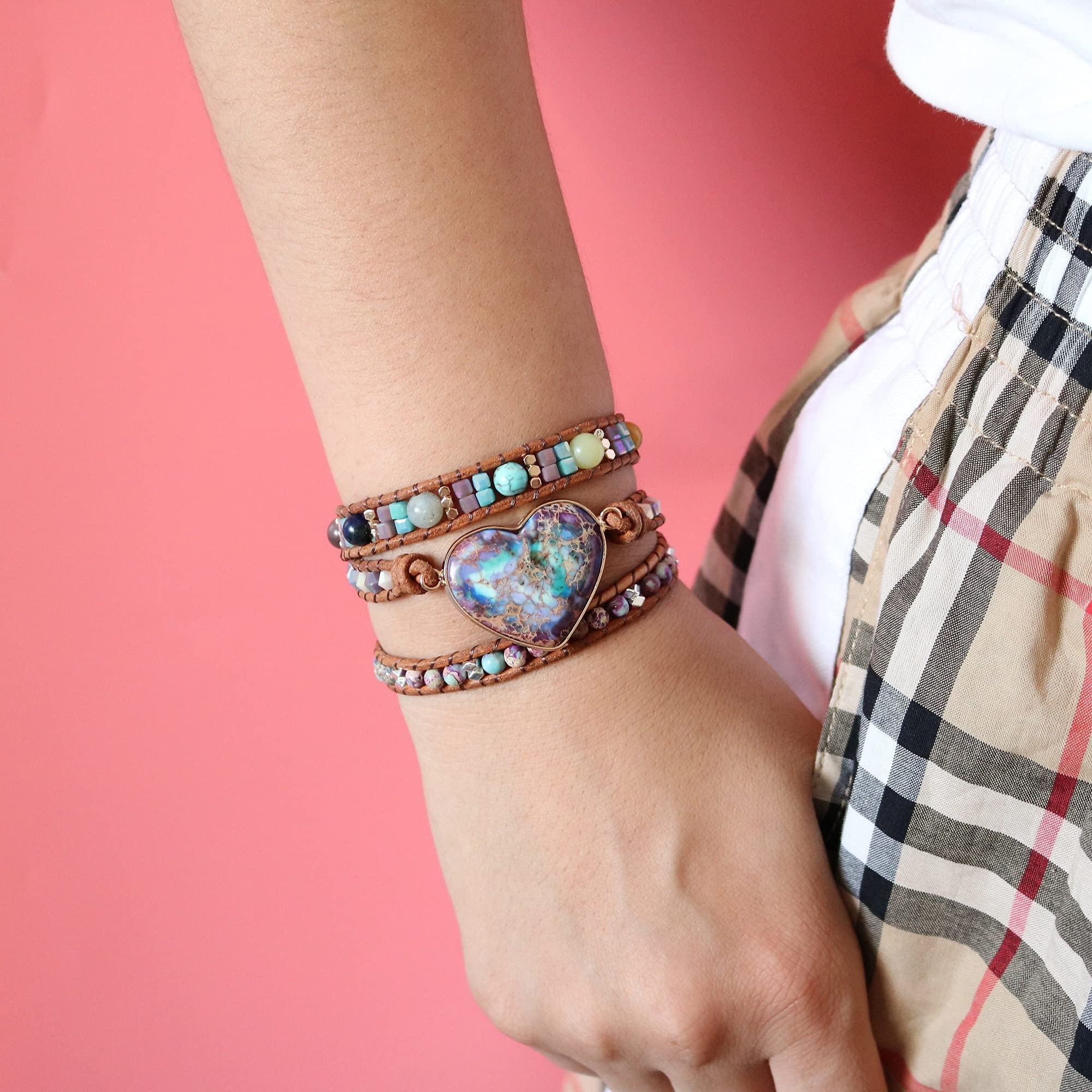 Liebes-Herz-Stein-Wickelarmbänder, handgefertigt, geflochtene Perlen, dreifache Freundin, böhmischer Schmuck, Geschenk-Armband-Schmuck