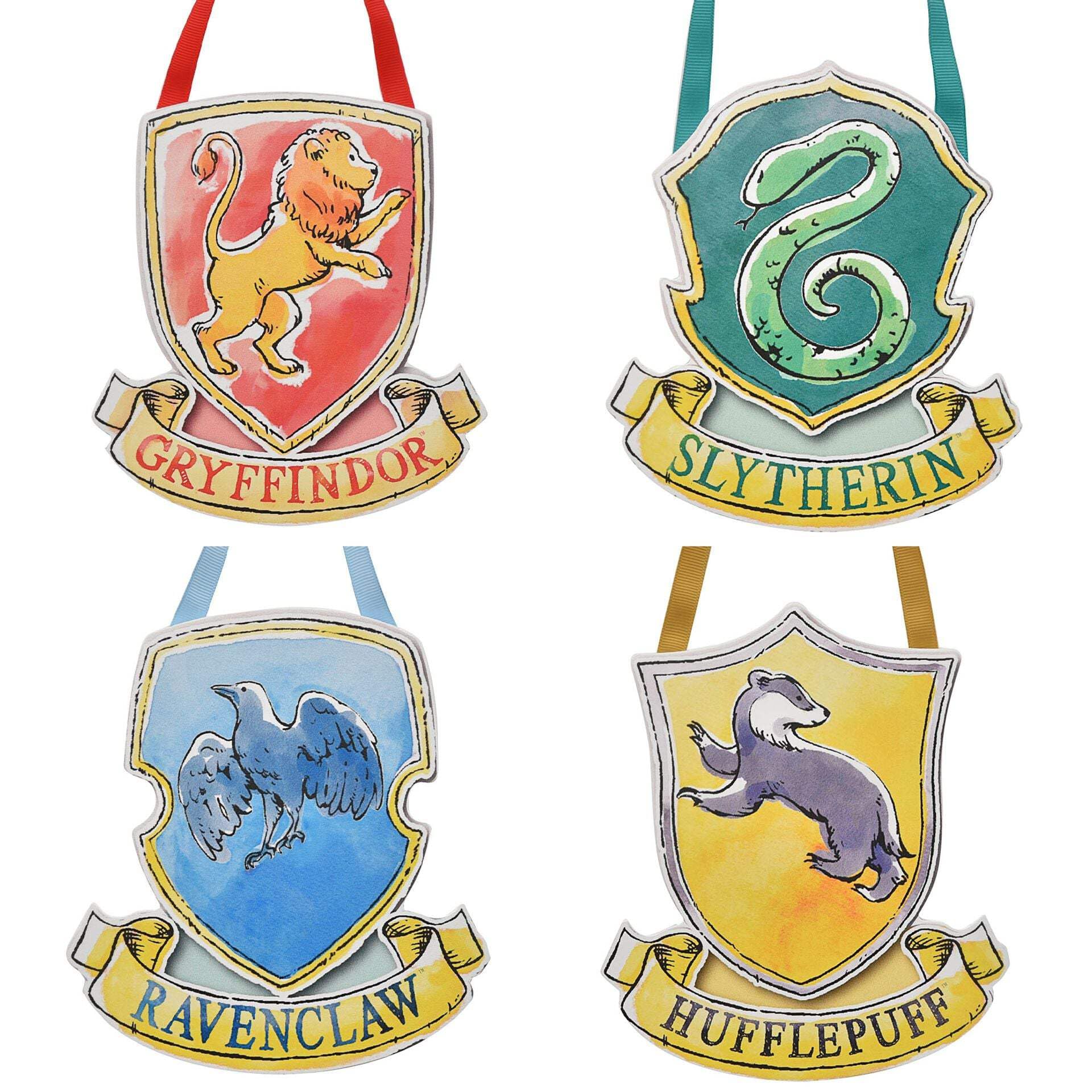 Harry Potter Set Of 4 Hanging Wall Plaques - Hogwarts House Crests Signs, Multicoloured, 14.5cm x 15cm
