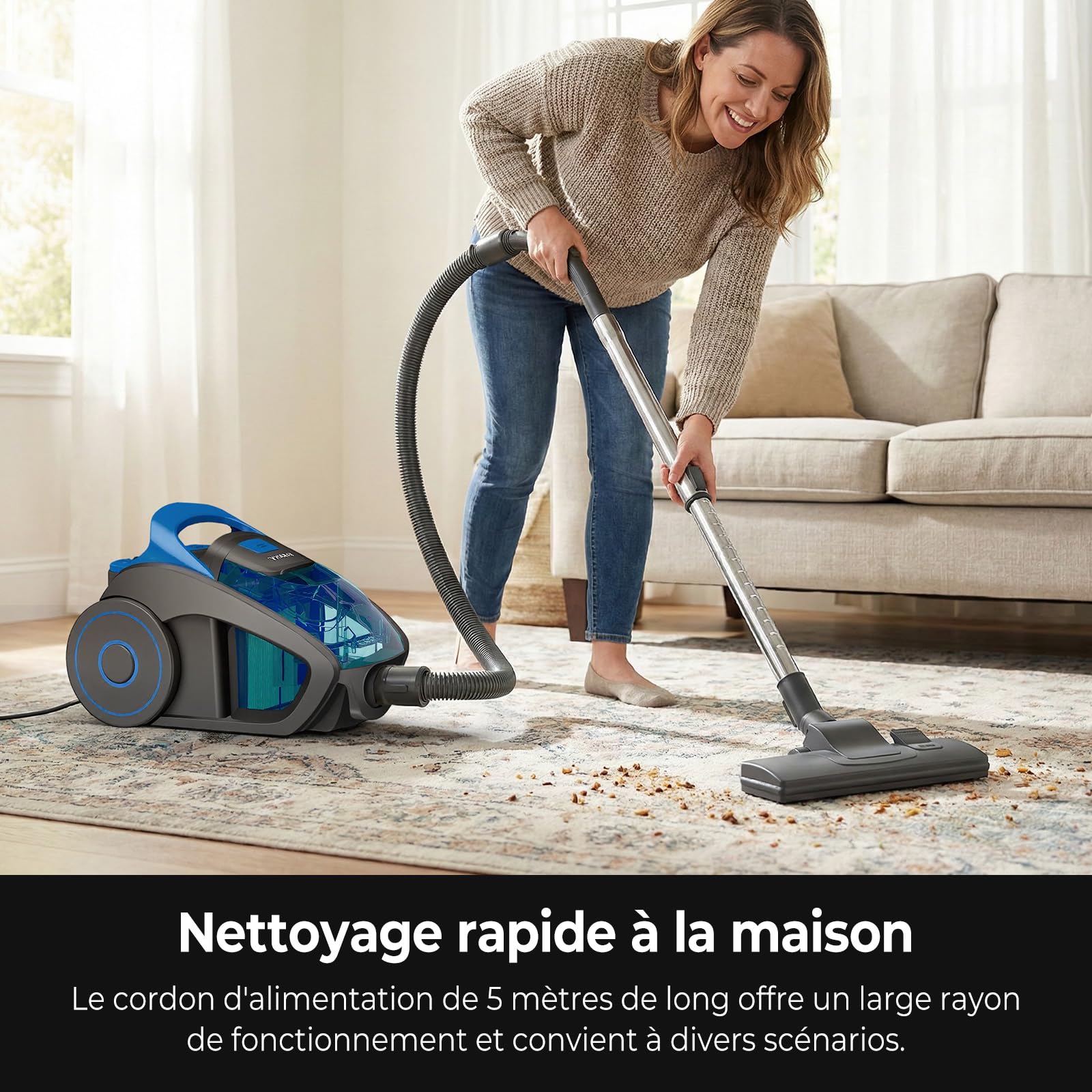 Aspirateur Traîneau Sans Sac Puissant 1200W, Aspiration 15000PA, Câble 5m, Buse Spéciale à Ions Négatifs Anti-Acariens, Silencieux et Compact pour Sols Durs, Tapis, Canapés et Poils d'Animaux (1,5L) - 5
