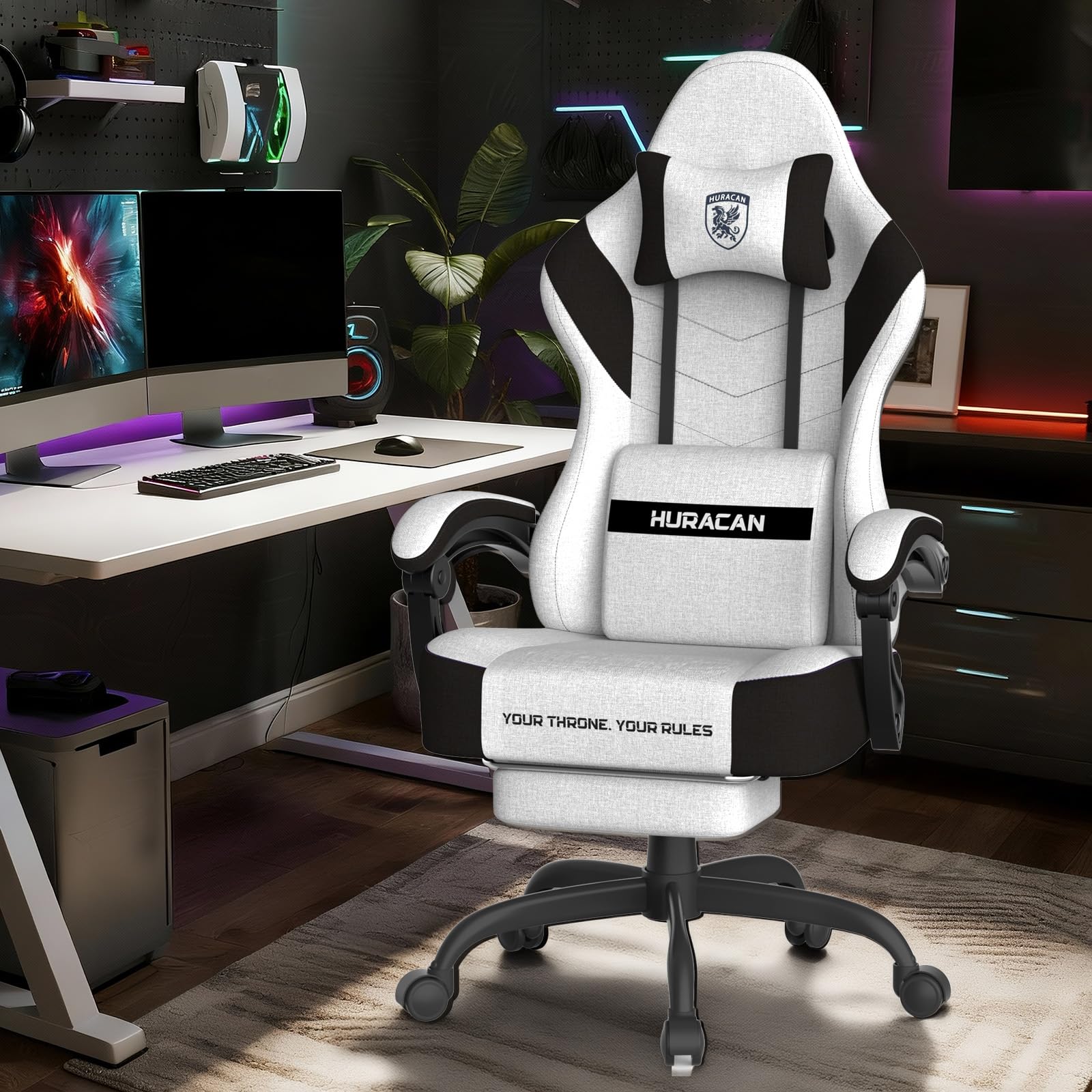 Verdego Gaming Chair, Ergonomic Gaming Chair with Lumbar Cushion, Retractable Footrest and Headrest, Polyester Fabric, Reclining 90-135°, Height Adjustable, Gaming Chairs, White