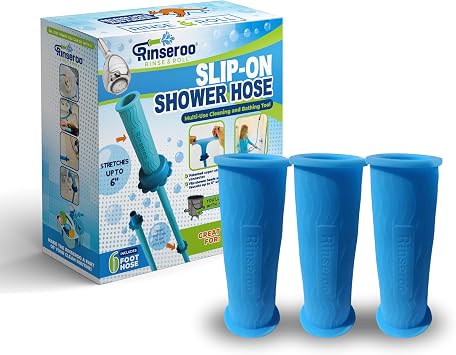 Rinseroo Bundle | Slip-On, No-Install Shower Hose 6 Foot and Replacement Hose Connectors 3 pack for Shower Cleaning, Babies, and Hair - Fits Showerheads/Sinks up to 4"