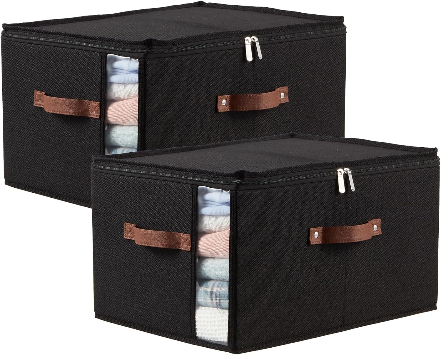2PCS Storage Bins with Zipper Lid Fabric Storage Box Basket with Side Clear Window PU Leather Handles Decorative Collapsible Washable Shelf Closet Organizer Container (Black, Extra Large)