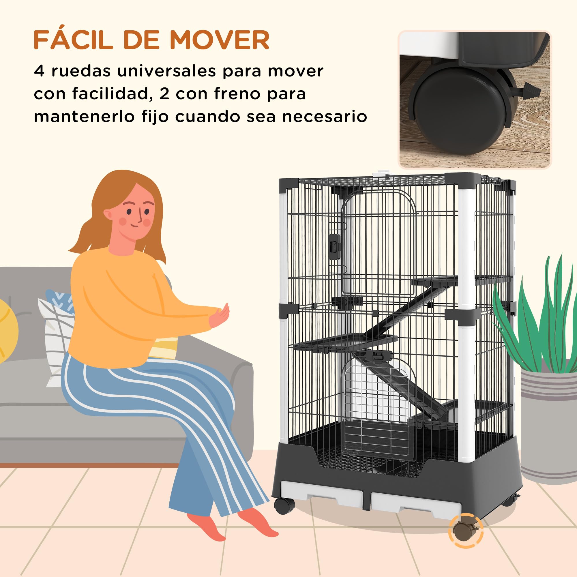 PawHut Jaula para Animales Pequeños con Ruedas 114x75x50 cm Valla para Mascotas con 3 Plataformas 3 Rampas Bandejas Extraíbles para Hurones Conejos Negro