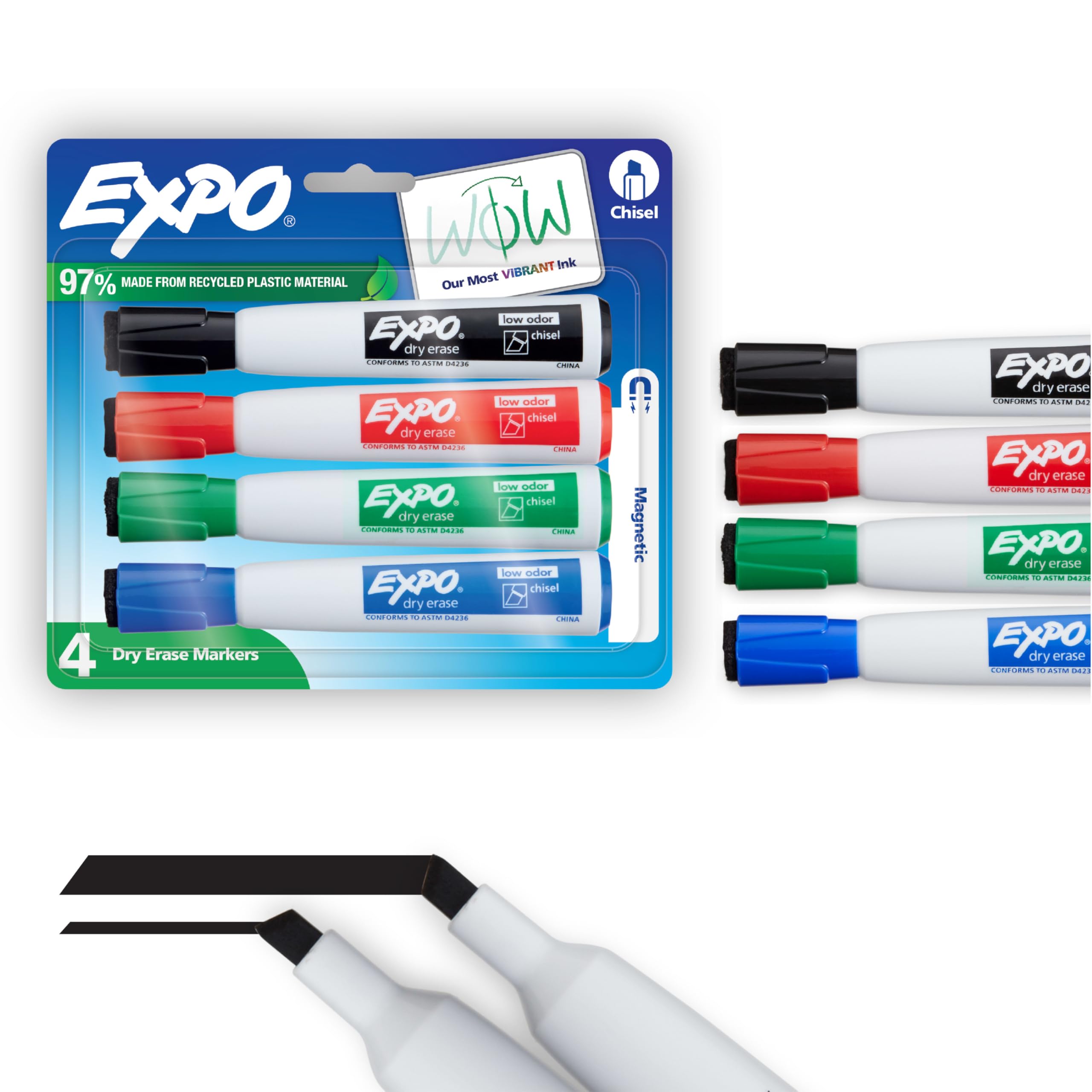 EXPO Magnetic Dry Erase Markers with Eraser Assorted Colors Chisel Tip 4 Count