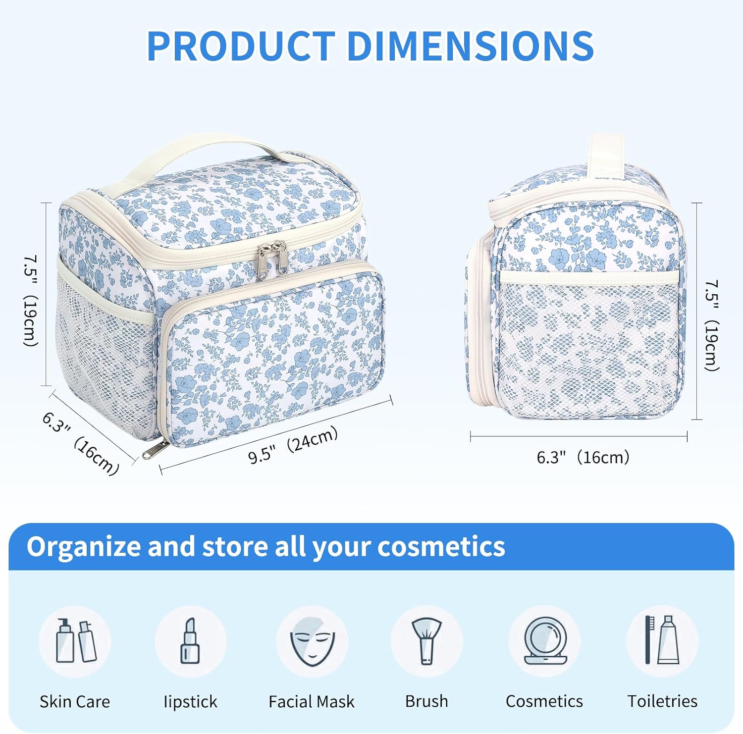 CUBETASTIC Makeup Bag Large, Floral Travel Make Up Case for Women with Removable Partitions & Multi-Pockets, Vertical Storage Cosmetic Pouch & Toiletry Bag (Floral Blue, Large) - Image 4