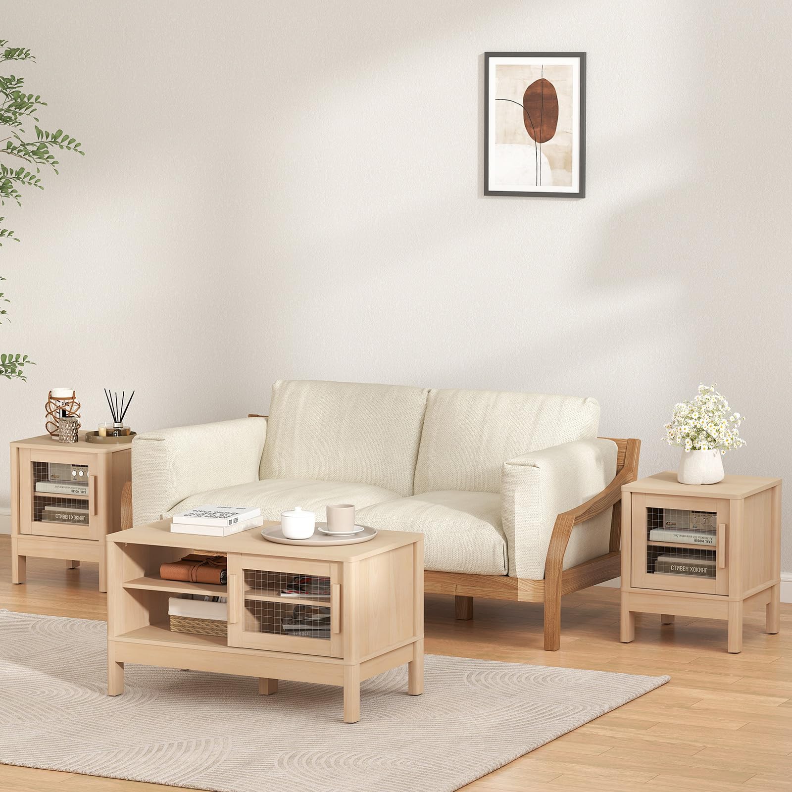 Bonzy Home Coffee Table Set of 3, Modern Coffee Table and 2 End Side Tables, Wooden Furniture Set with Adjustable Shelves for Living Room, Apartment, Oak