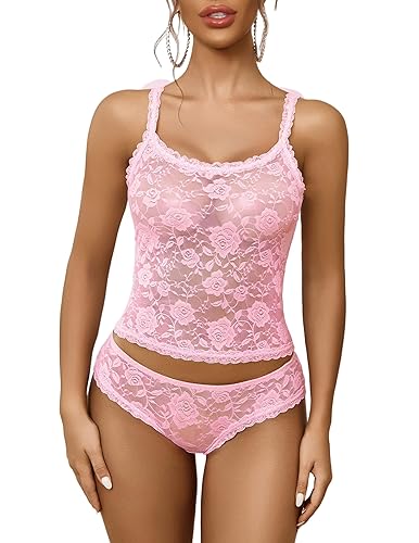 Avidlove Sexy Pajama Set for Women Floral Lace Lingerie Set Sheer Sleepwear See Through Lace Shorts PJ Set - XX-Large - Pink