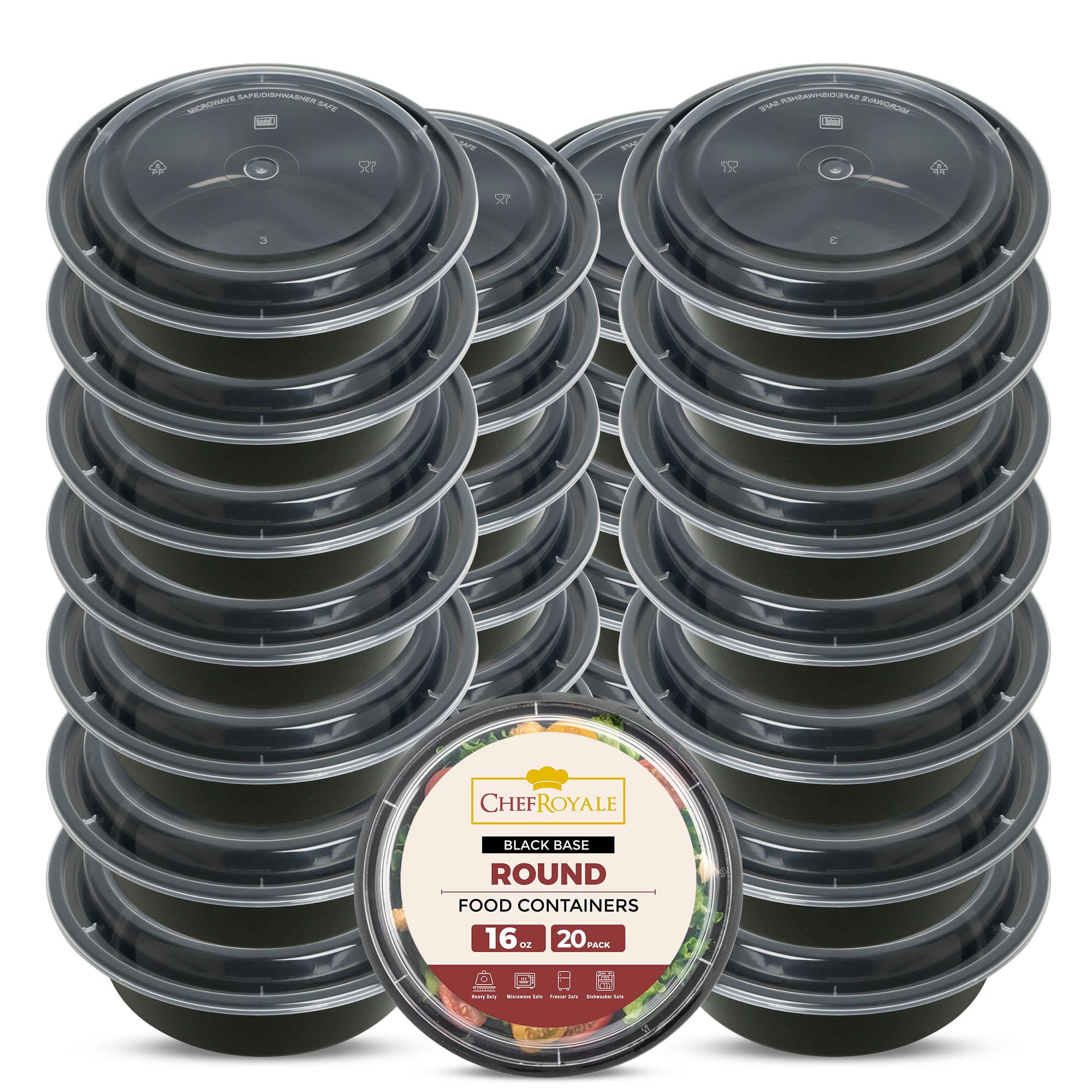 CHEF ROYALE 20x 16oz Round Meal Prep Containers with Lids Reusable Food Containers with Airtight Lids - Microwave & Dishwasher Safe - BPA Free Stackable Lunch Boxes (20, 16oz)