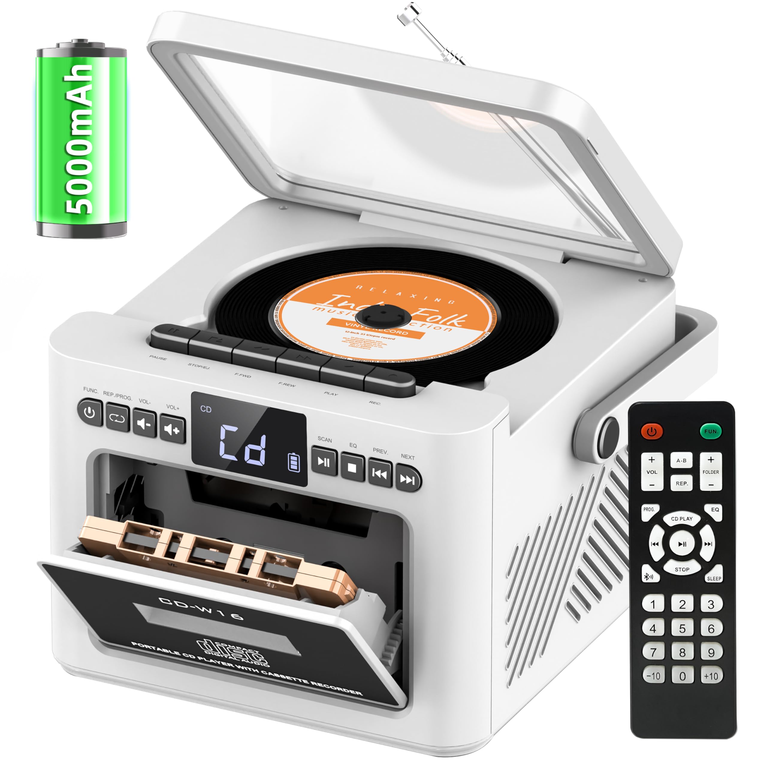 Boombox CD Player tragbar, CD-Player mit Kassettenspieler,UKW-Radio, Wiederaufladbarer Akku,Fernbedienung, USB/AUX/MP3/TF-Karten-Wiedergabe/3,5mm-Kopfhörer für Zuhause (5000mAh)