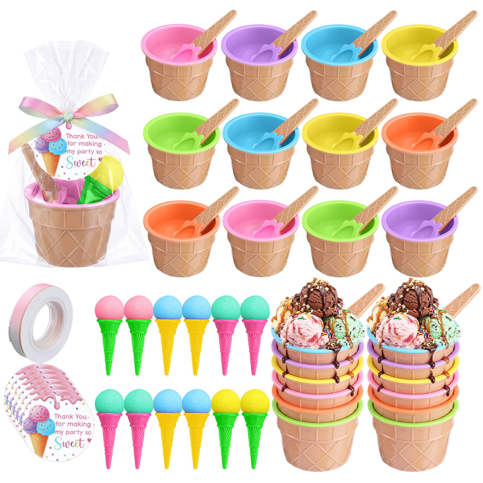 15 Sets 71 Pcs Ice Cream Party Favors Include Ice Cream Bowls with Spoons Shooters Cards Ribbon Gift Bags for End of Year Student Gifts Sundae Yogurt Summer Holiday Party Favors