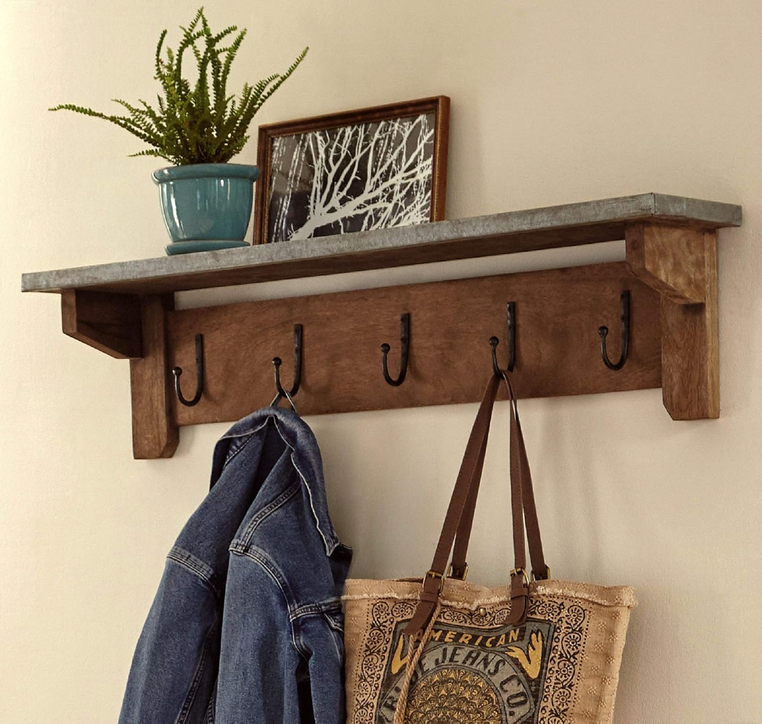 Millwork 40" Medium Wood and Zinc Hook Shelf