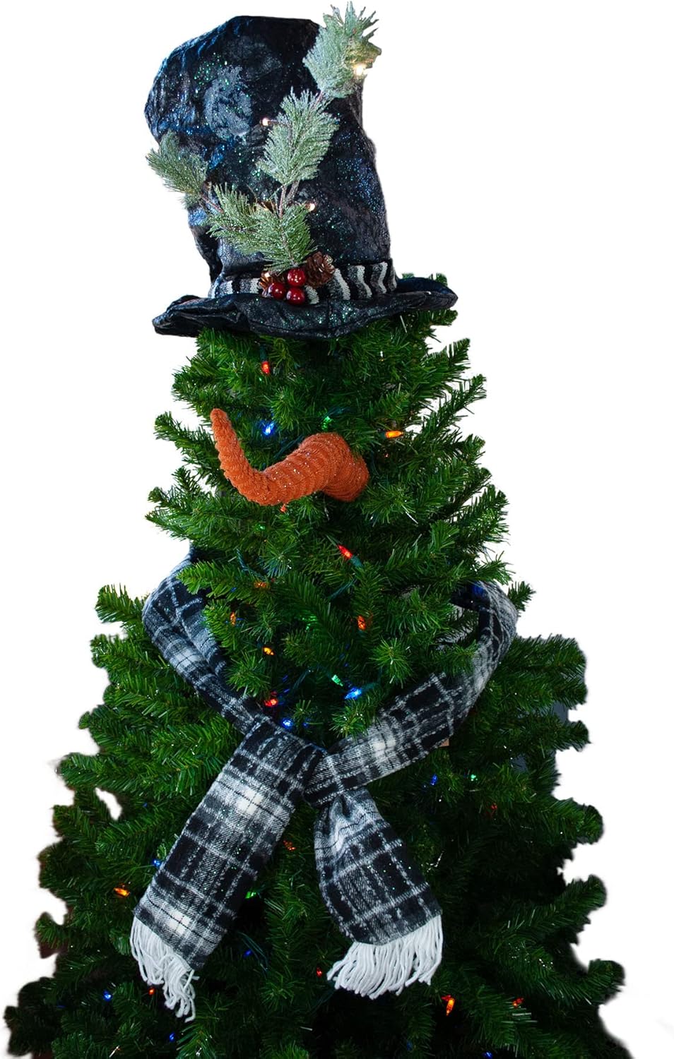 Frosty Snowman Tree Topper Set with LED Feature to Decorate Your Christmas Tree by Hanna’s Handiworks- Includes Black Top Hat, Scarf and Carrot Nose- Hat Lights Up