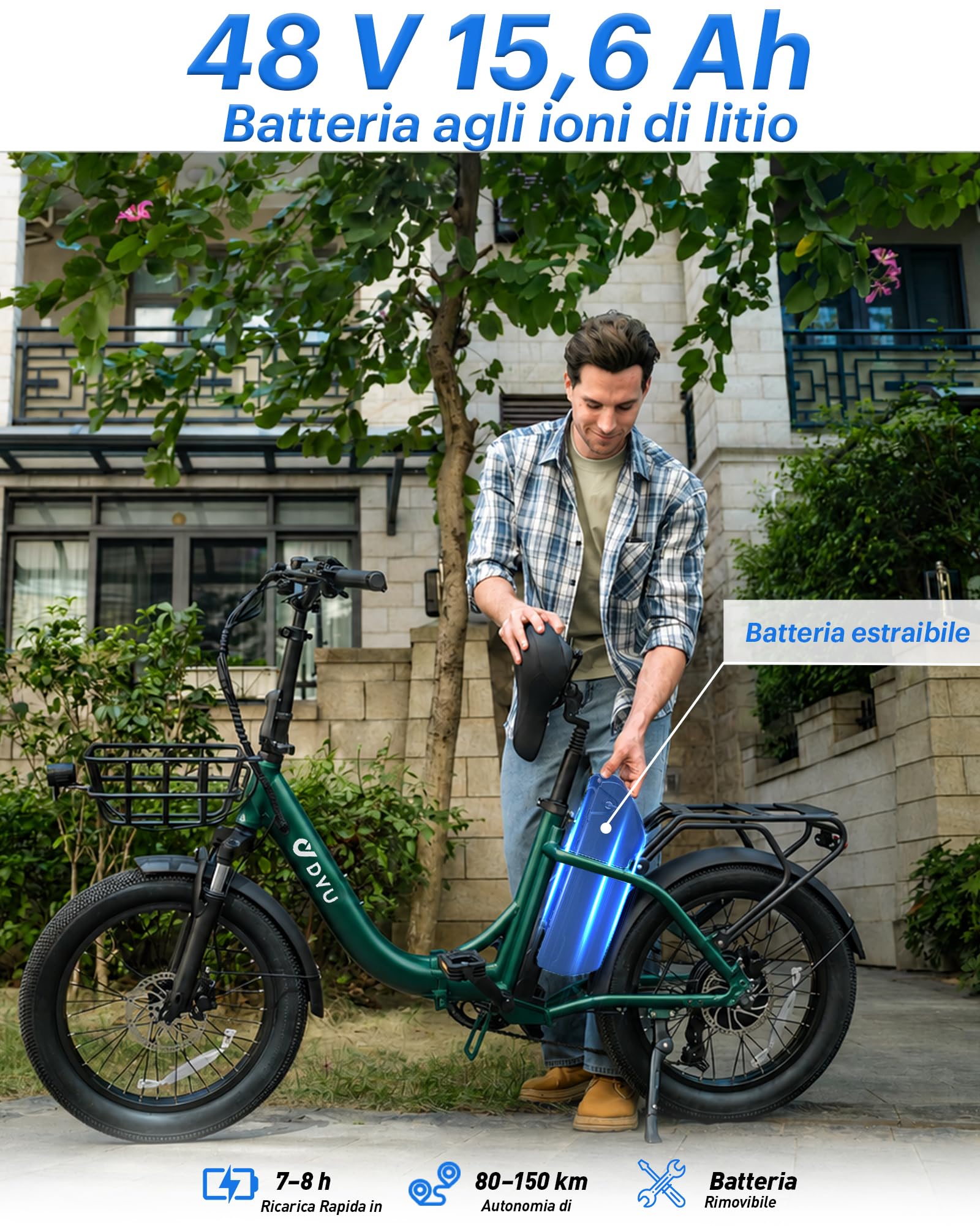 DYU C9 Bicicletta Elettrica Pieghevole 20", 250W, 48V 15,6Ah, 7 Velocità