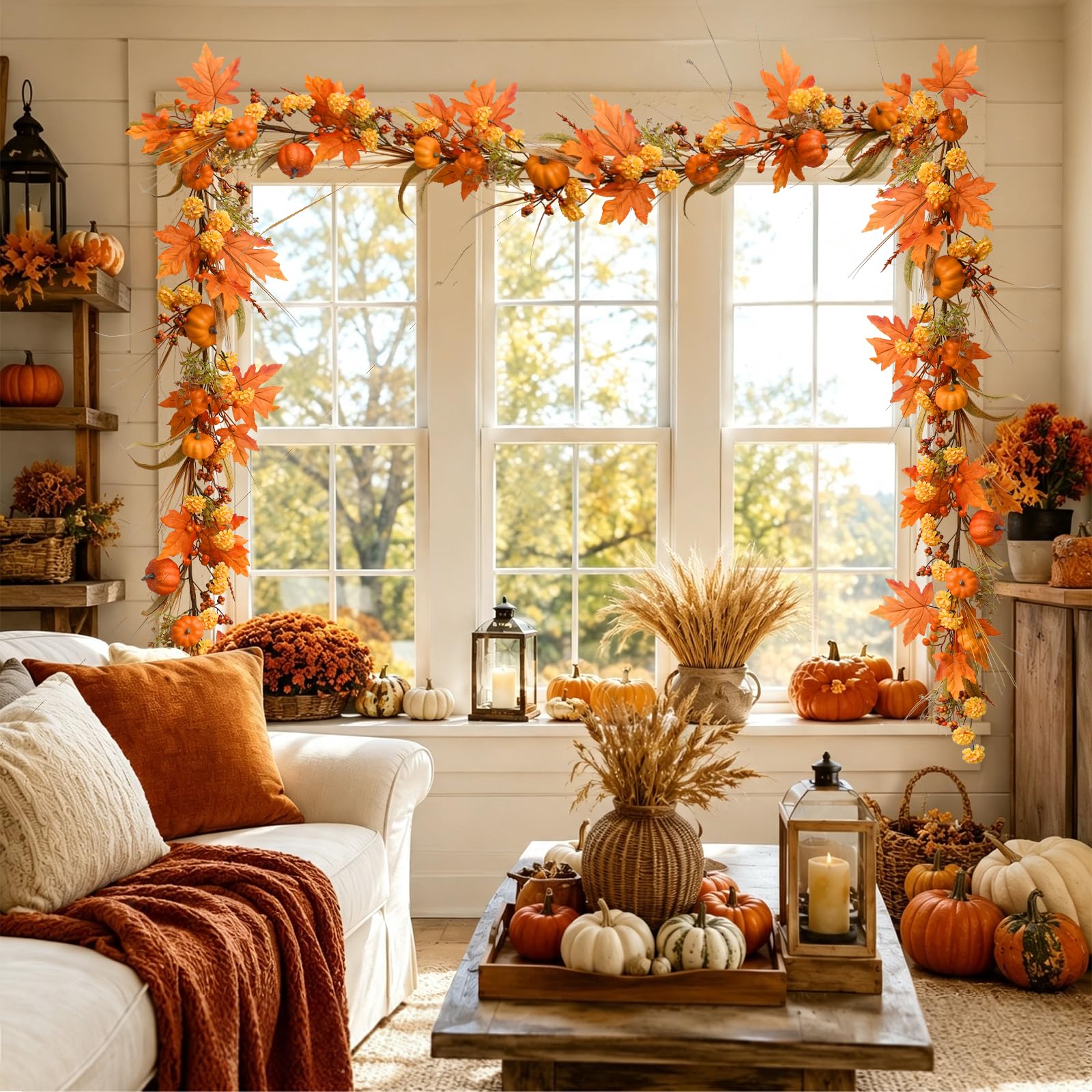 Guirnalda de otoño de 6 pies con luces, calabaza y hoja de arce para