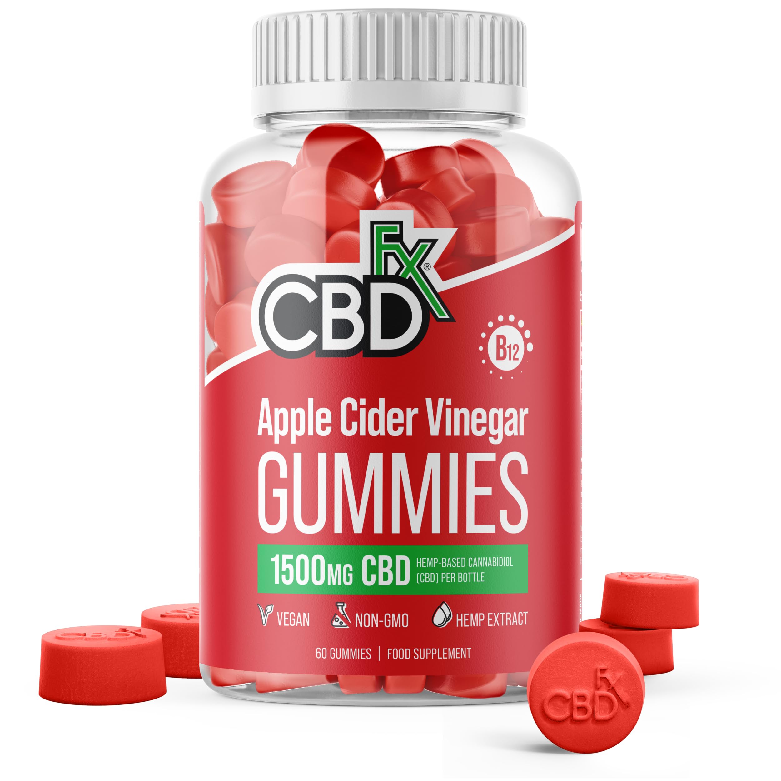 CBDfx 1500mg CBD High Strength Apple Cider Vinegar Vegan Gummies, 1000mg ACV / 25mg CBD per Gummy + Vitamin B12, 60x Bottle (30 Days)