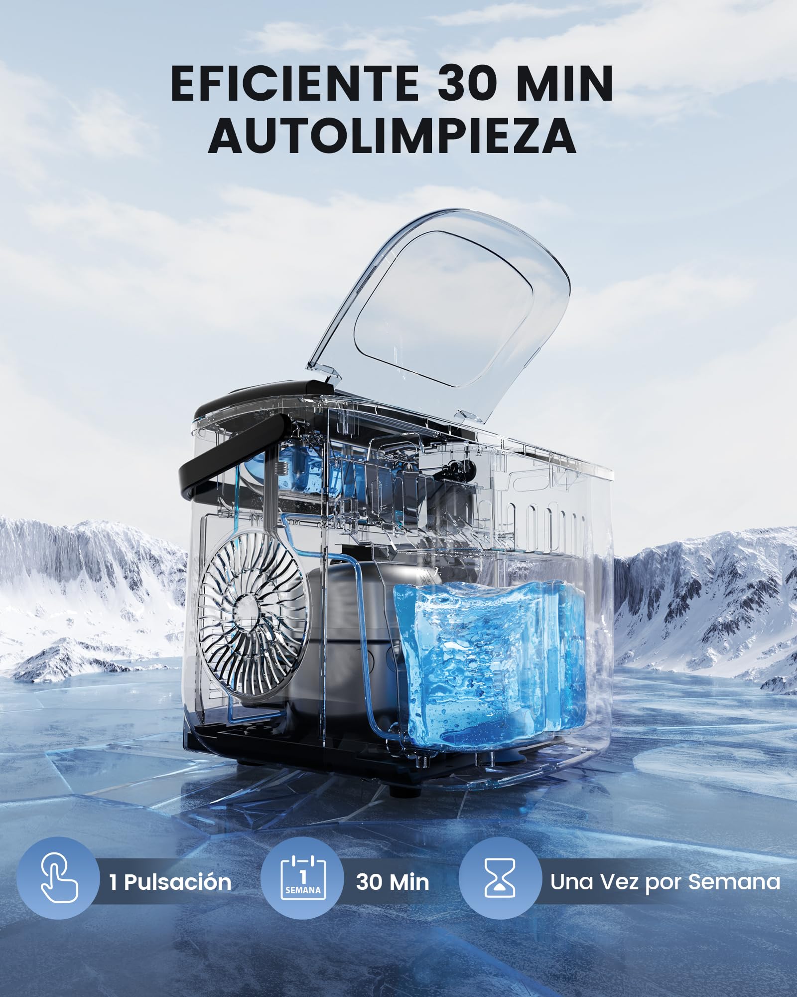 EASYERA Máquina de Hielo, Portatile e Compatta, 12 Kg/24 Koras, Cubetti di Ghiaccio in 6 Min, 2 Tamaños de Hielo, Máquina de Hielo Autolimpiante, Maquina de Hielo Para Casa el Hogar/Fiesta/Cocina/Bar