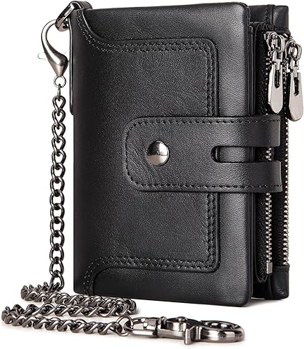 PAOFAM Cartera con cadena, de piel auténtica, bloqueo RFID, doble cremallera, bolsillo para monedas con cadena antirrobo, carteristas a prueba de