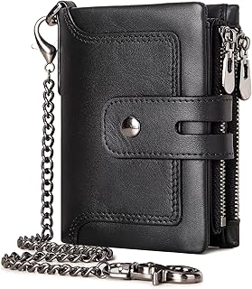 Wallet with Chain,Genuine Leather Purse RFID Blocking Bifold Double Zipper Coin Pocket with Anti-Theft Chain, Pickpocket Proof Chain Wallets for Men (Black)
