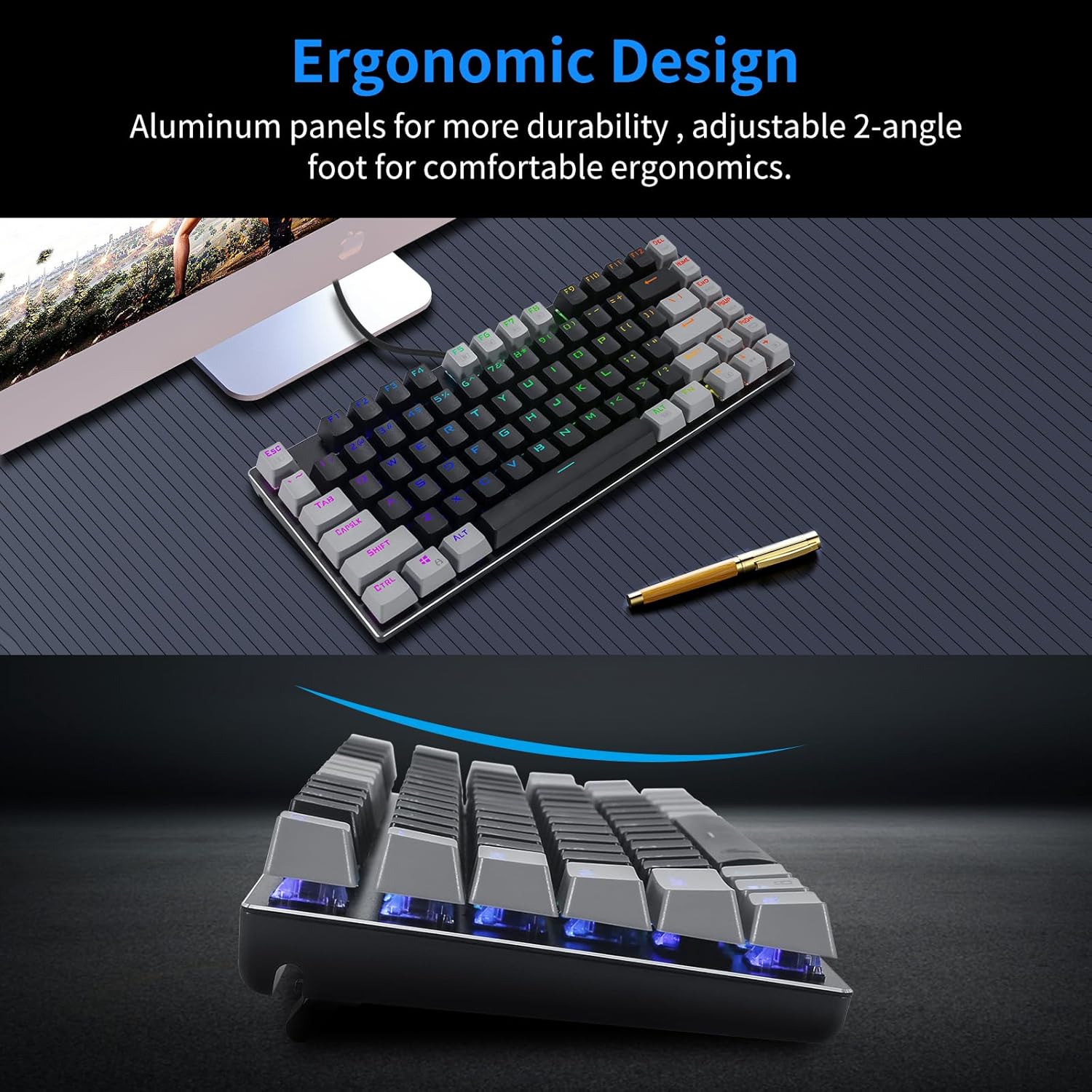HUO JI E-Yooso Z-88 RGB Mechanical Gaming Keyboard, Metal Panel, Red Switch, 75% Compact 81 Keys for Mac, PC, Black and Grey