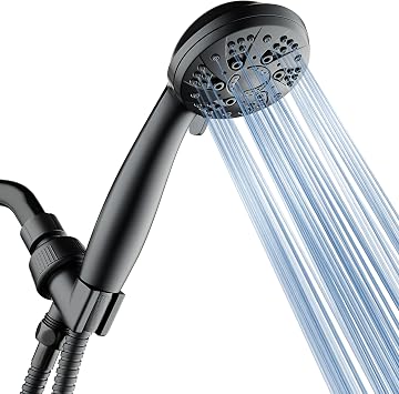 AquaDance High Pressure 6-Setting Matte Black Handheld Shower Head with Stainless Steel Hose. Officially Independently Tested to Meet Strict US Quality & Performance Standards!