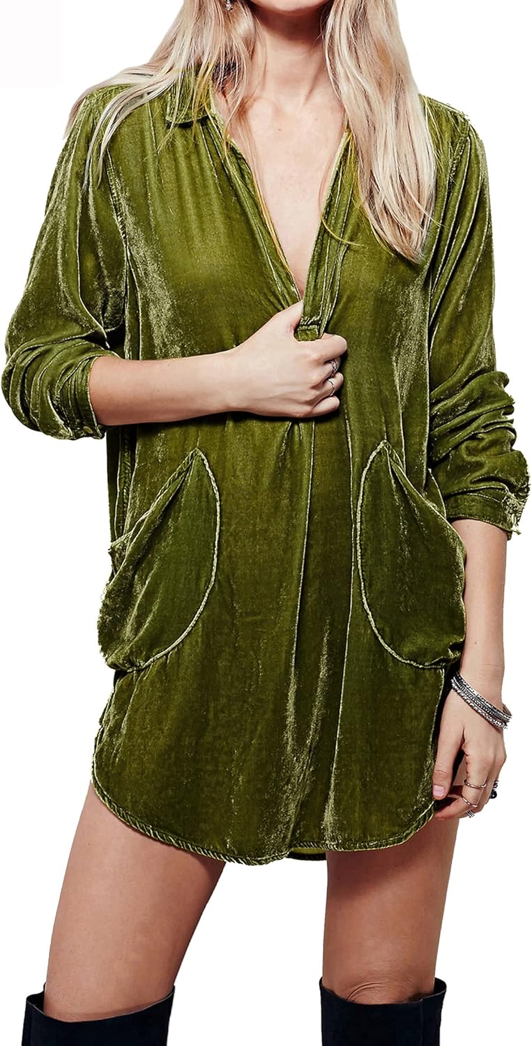 R.Vivimos Womens Velvet Long Sleeve Pocket Casual Mini Shirt Dress