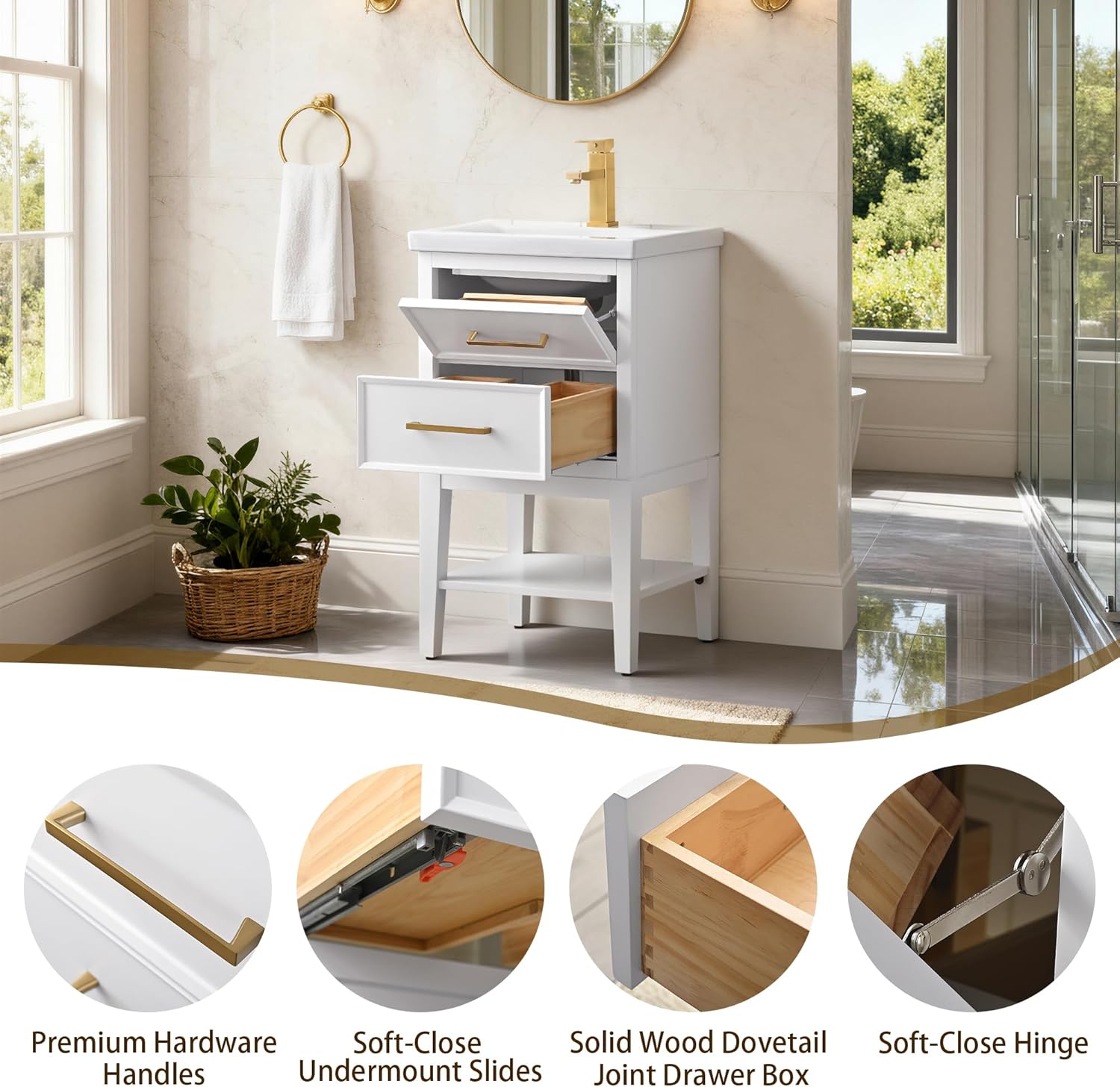 20" Small Bathroom Vanity with Ceramic Sink, Modern Vanity Sink Combo, Free-Standing Bathroom Sink Cabinet, Solid Wood Frame, 1 Flip-Out Drawer & 1 Soft-Close Drawer, Open Shelf, Pre Assembly