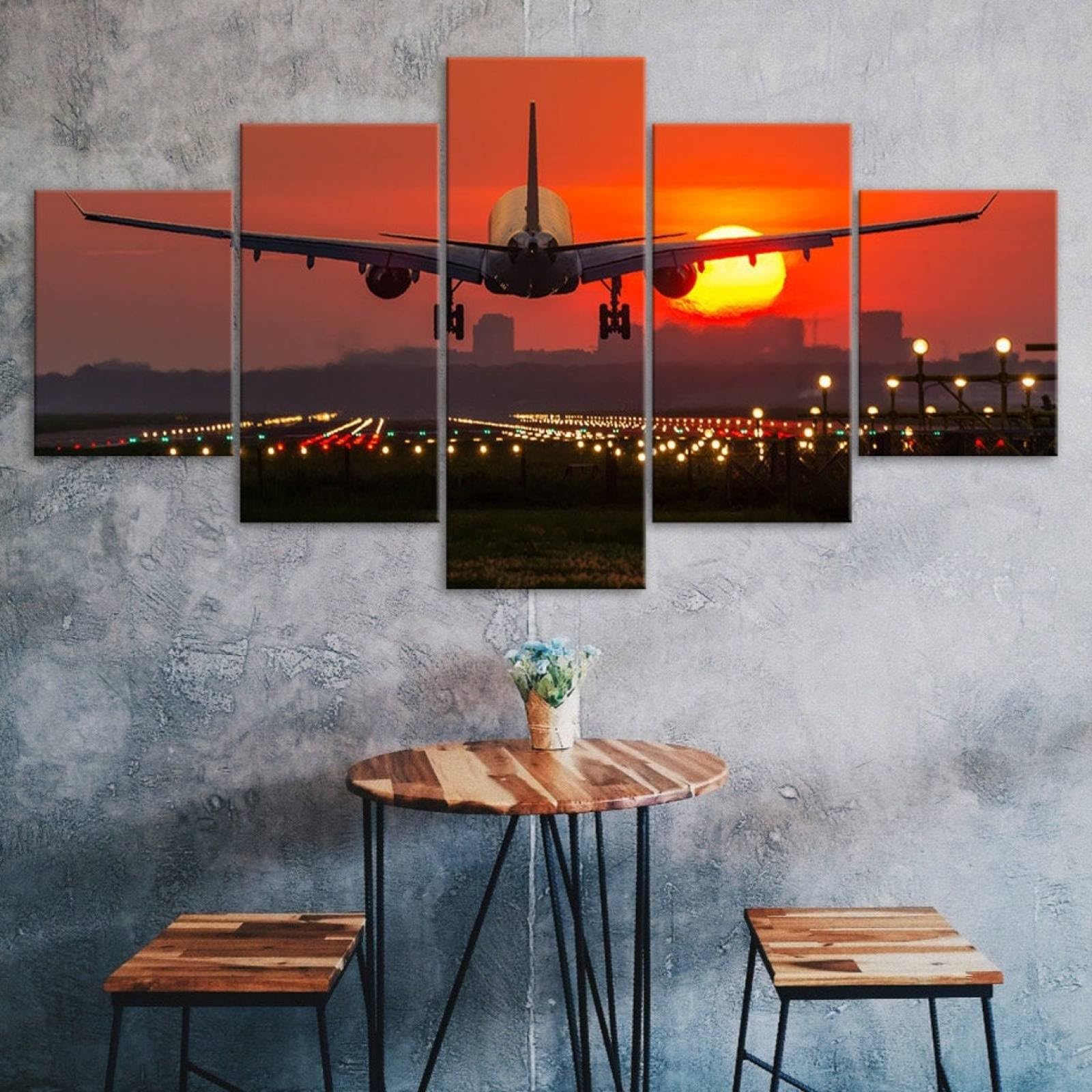 Tableau Toile 5 Pièces Avion Au Coucher De Soleil - Art Mural Encadré, Neuf, Décoration Moderne