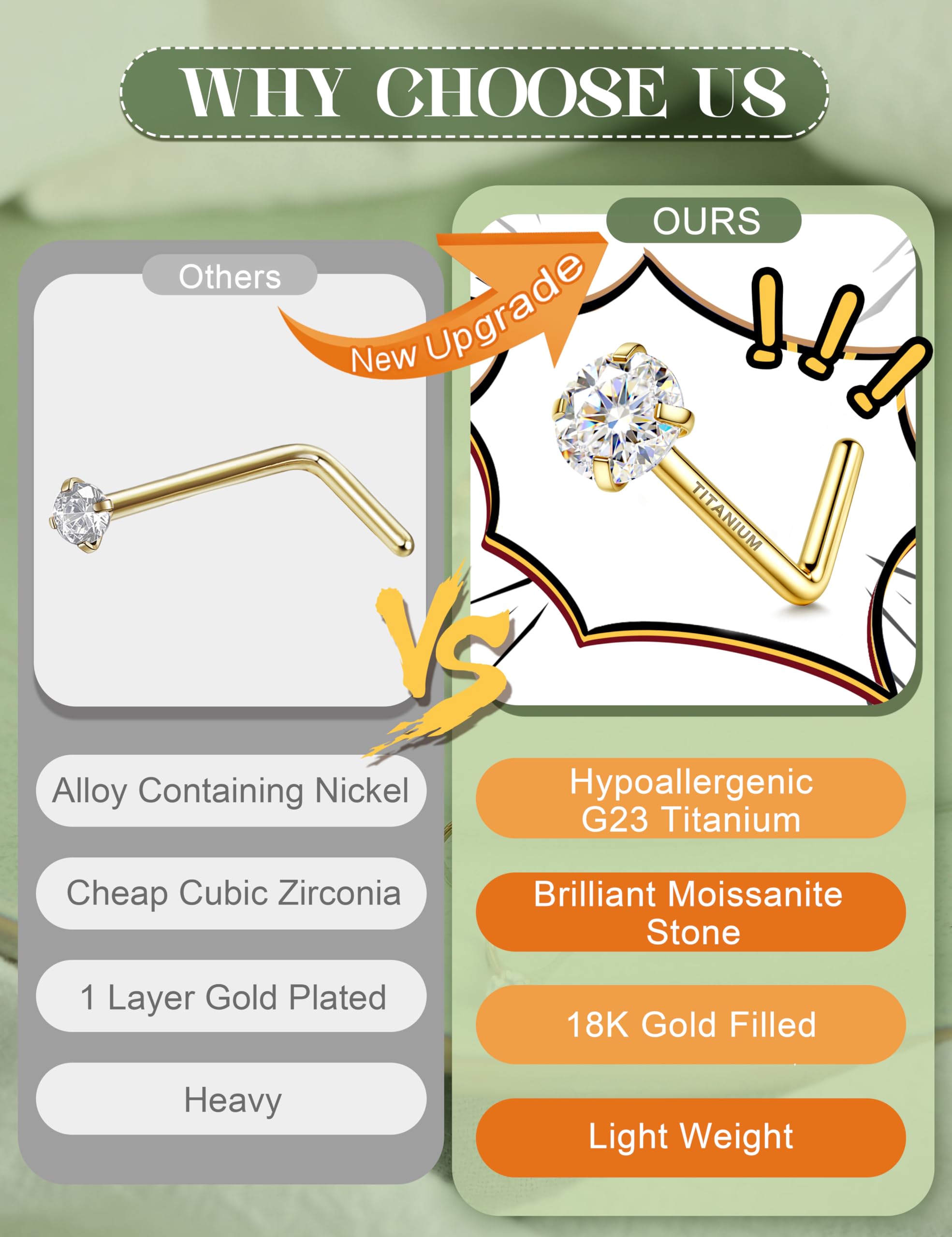 GEMQUEEN Nasenstecker aus Moissanit und G23-Titan, 18 Karat vergoldet, L-förmig, hypoallergen, 20 g, kleines Moissanit-Nasenloch-Piercing, Schmuck für Damen und Herren, trendig, 1,5/2/2,5/3 mm, 8