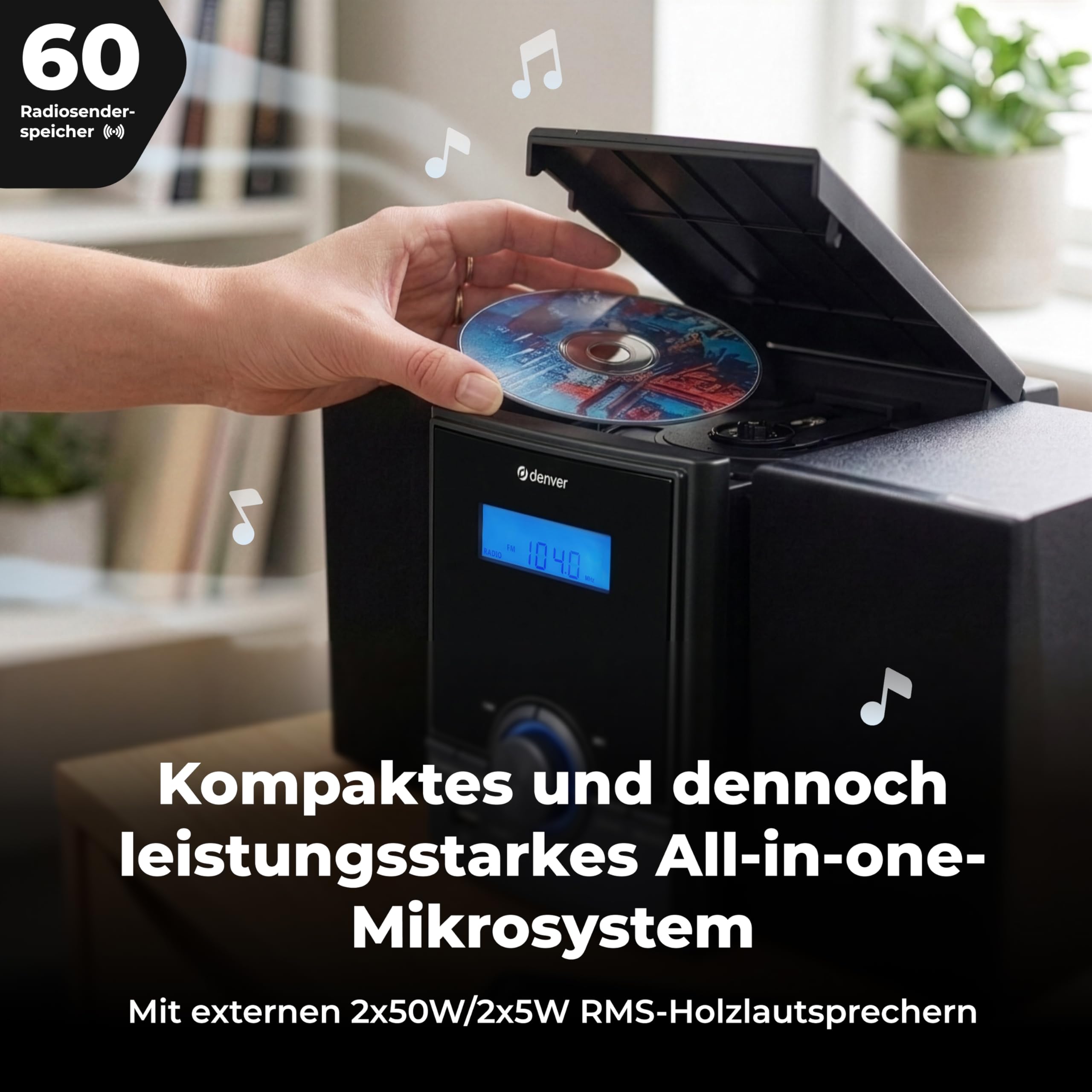Denver MDA-285 Musiksystem – DAB+ & FM Radio mit CD-Player, Bluetooth & AUX, Echtholz-Gehäuse, 2 x 2W Stereo-Lautsprecher, Fernbedienung