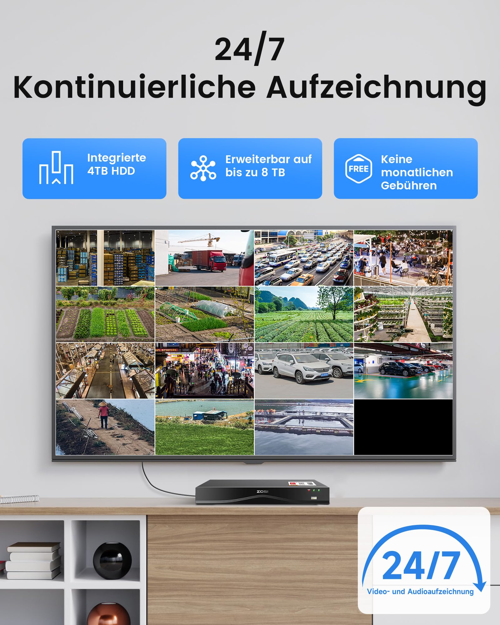 ZOSI 4K PoE Überwachungskamera Set Aussen, 8X 8MP Kameras mit 2-Wege-Audio | 4TB HDD NVR erweiterbar auf 32CH, Personen-/Autoerkennung, 30M IR Nachtsicht, C220