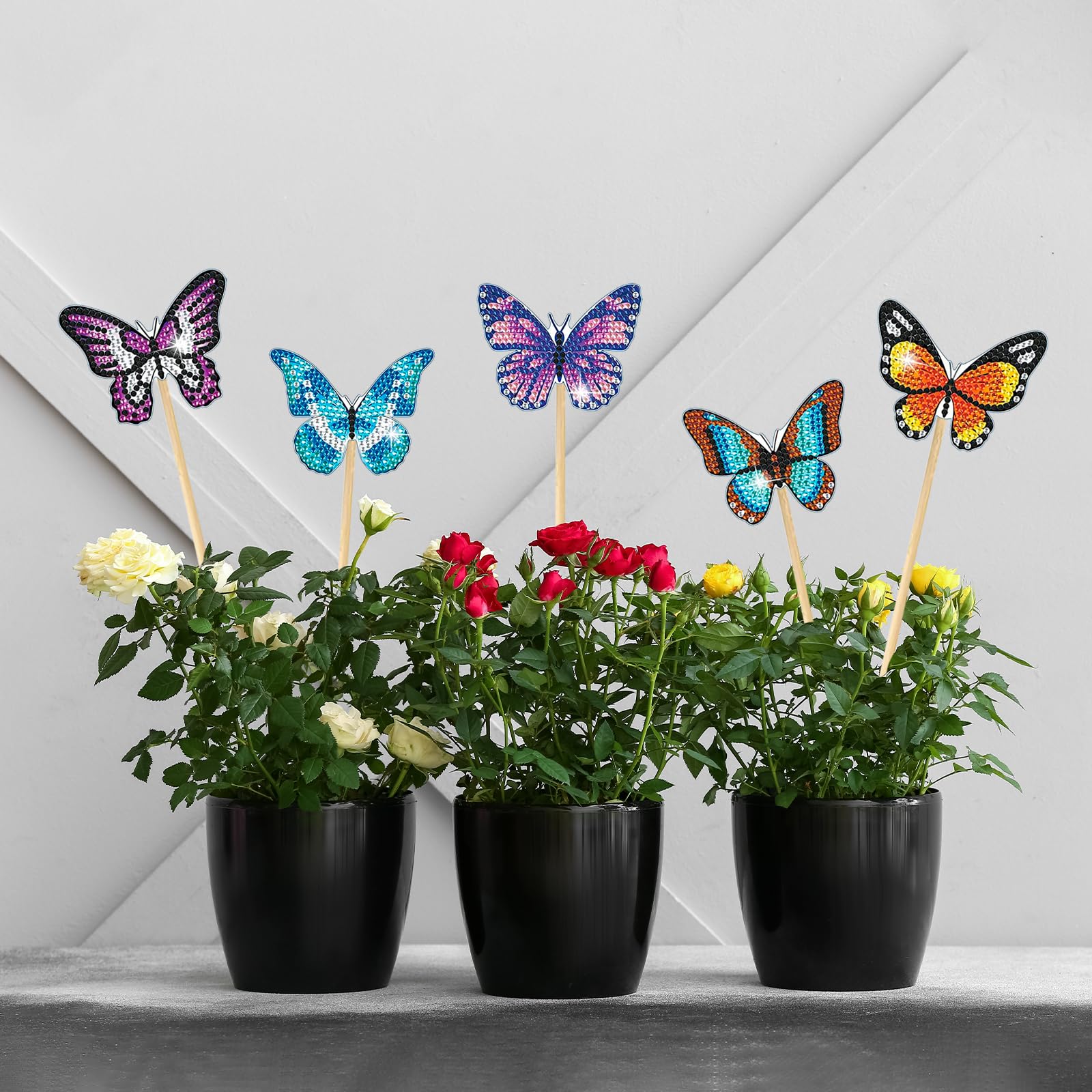 10-teiliges Diamond Painting Set Schmetterlinge - Mit Ständern & Saugnäpfen - Für Garten-Deko, Blumentöpfe, DIY - Bastelset Für Kinder & Erwachsene
