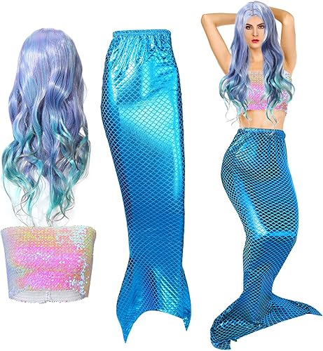 Cindeer Disfraz de sirena de 3 piezas para mujer, incluye blusa corta de sirena con lentejuelas, parte superior metálica sin tirantes, falda de
