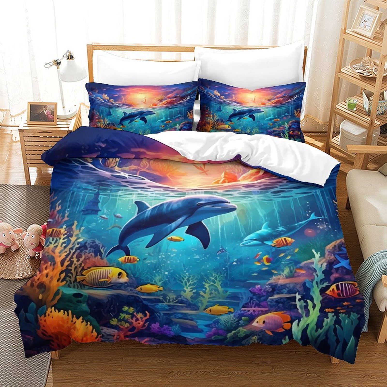 Linge de lit dauphin imprimé 3D pour transformer votre chambre super king en oasis océanique