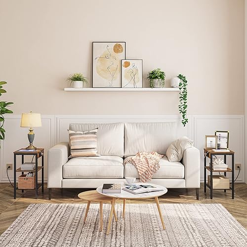 Miniatura 49 de HOOBRO Mesa auxiliar con estación de carga y puertos USB, mesita de noche de 3 niveles con estantes ajustables, mesa auxiliar pequeña para espacio