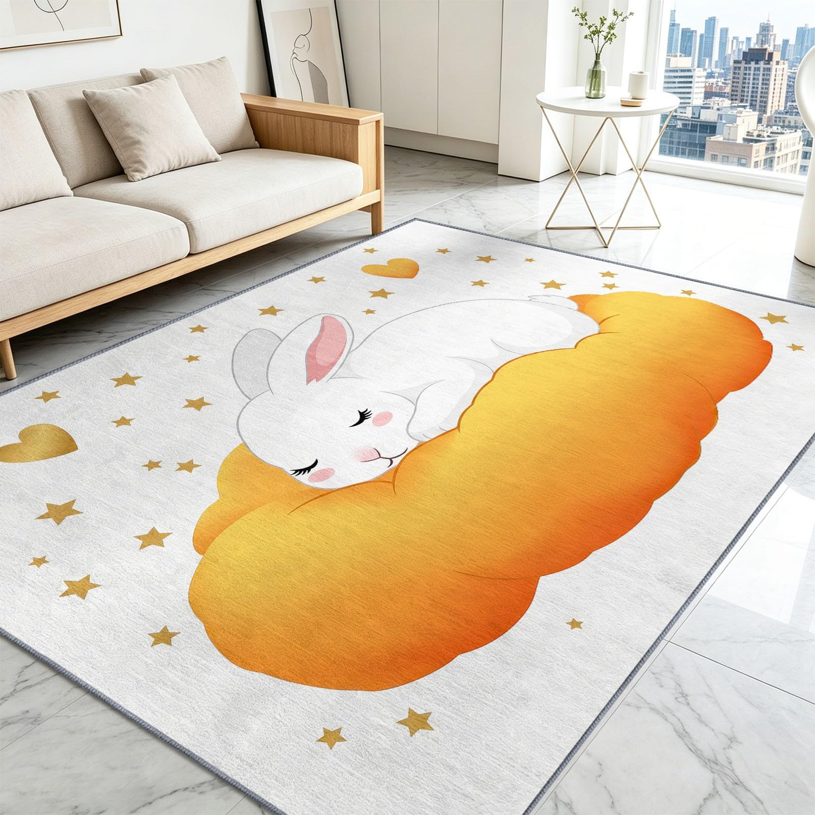 Tappeto con coniglio, nuvola e stelle, 80 x 150 cm, lavabile, per soggiorno, a pelo basso, antiscivolo, morbido, per interni, camera da letto, dormitorio, stanza dei giochi