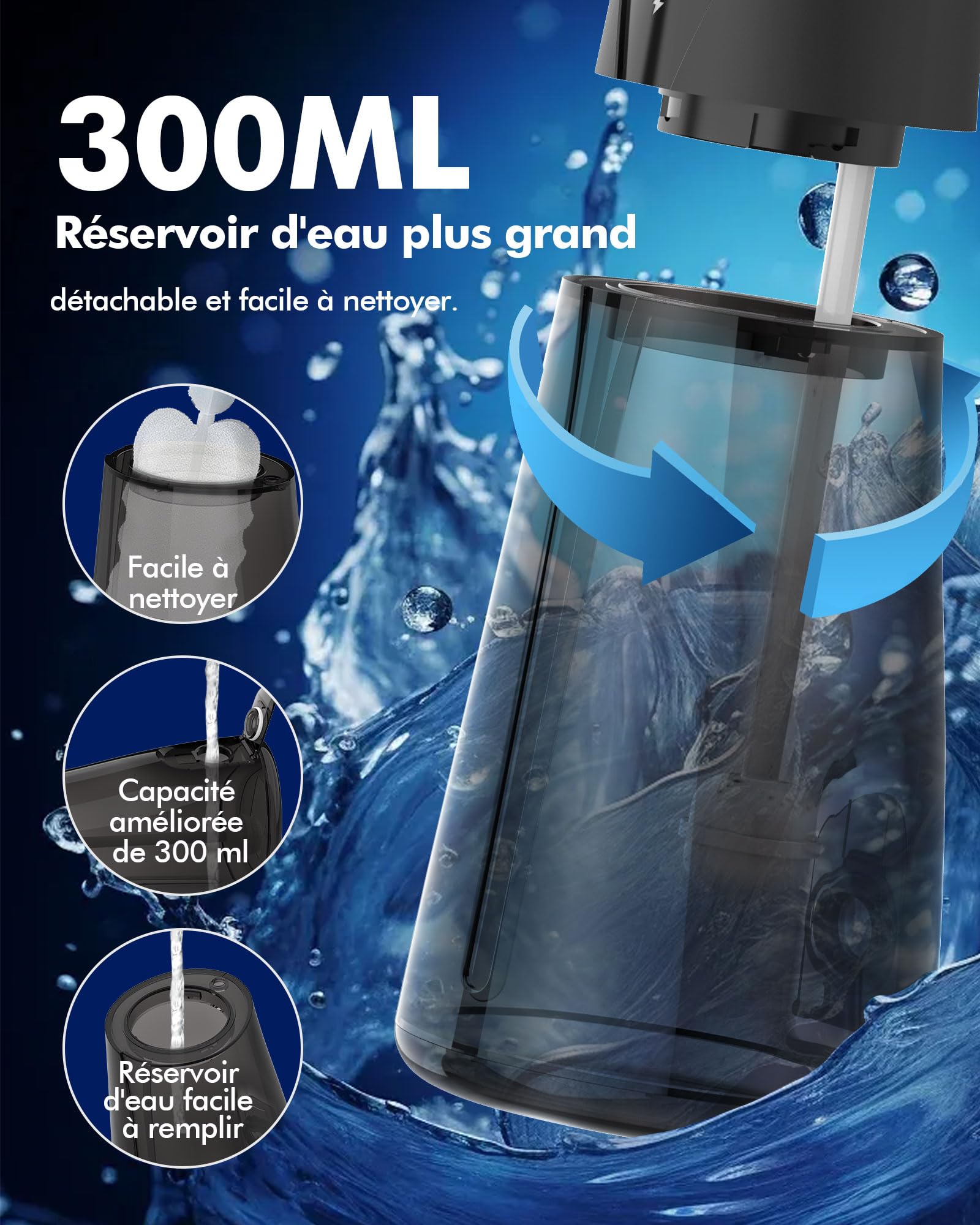 Jet Dentaire Hydropulseur, 5 Modes, 6 Embouts, Rechargeable, Portable, Réservoir de 300ML, Flosser Électrique, Étanchéité IPX7, Nettoyage des Dents Idéal pour Maison et Voyage (Noir)