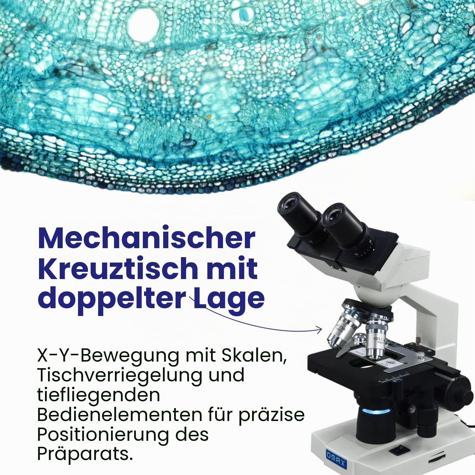 OMAX Mikroskop Fernglas 40X-2000X LED mit mechanischer Szene Doppelschicht + Blanko Dias, Abdeckungen und Linsenreinigungspapier, M82ES-SC100-LP100